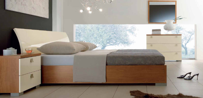 Lit moderne laqu&eacute; cr&eacute;me/cerisier de 90cmx200cm &agrave; 180cmx200cm "Tulipe"