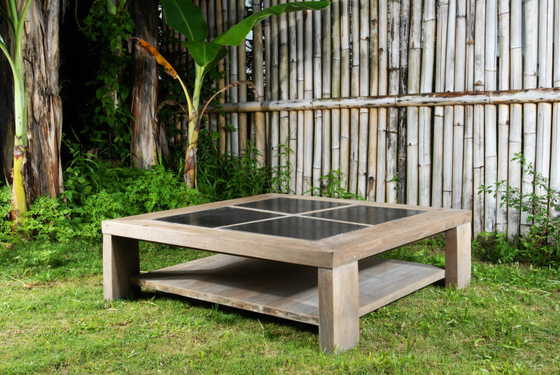 Table basse teck avec pierre de sumatra "Equateur" 100cm