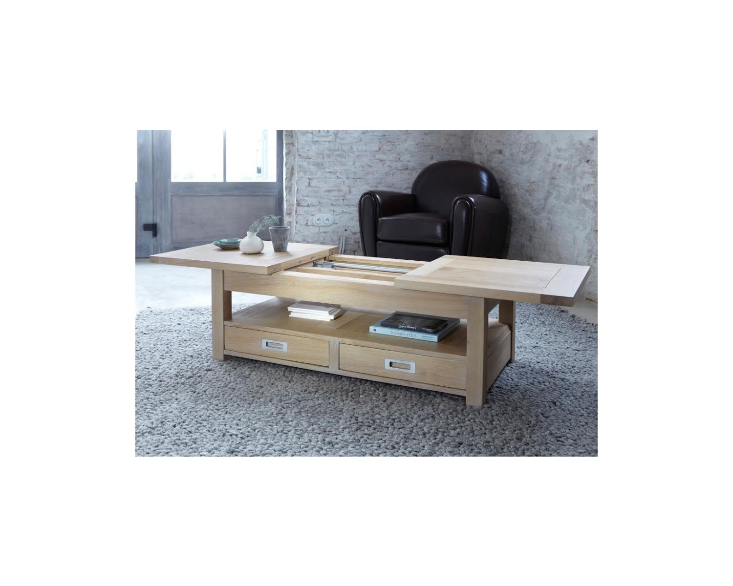 Table basse rectangulaire chêne massif avec allonge "Bella"