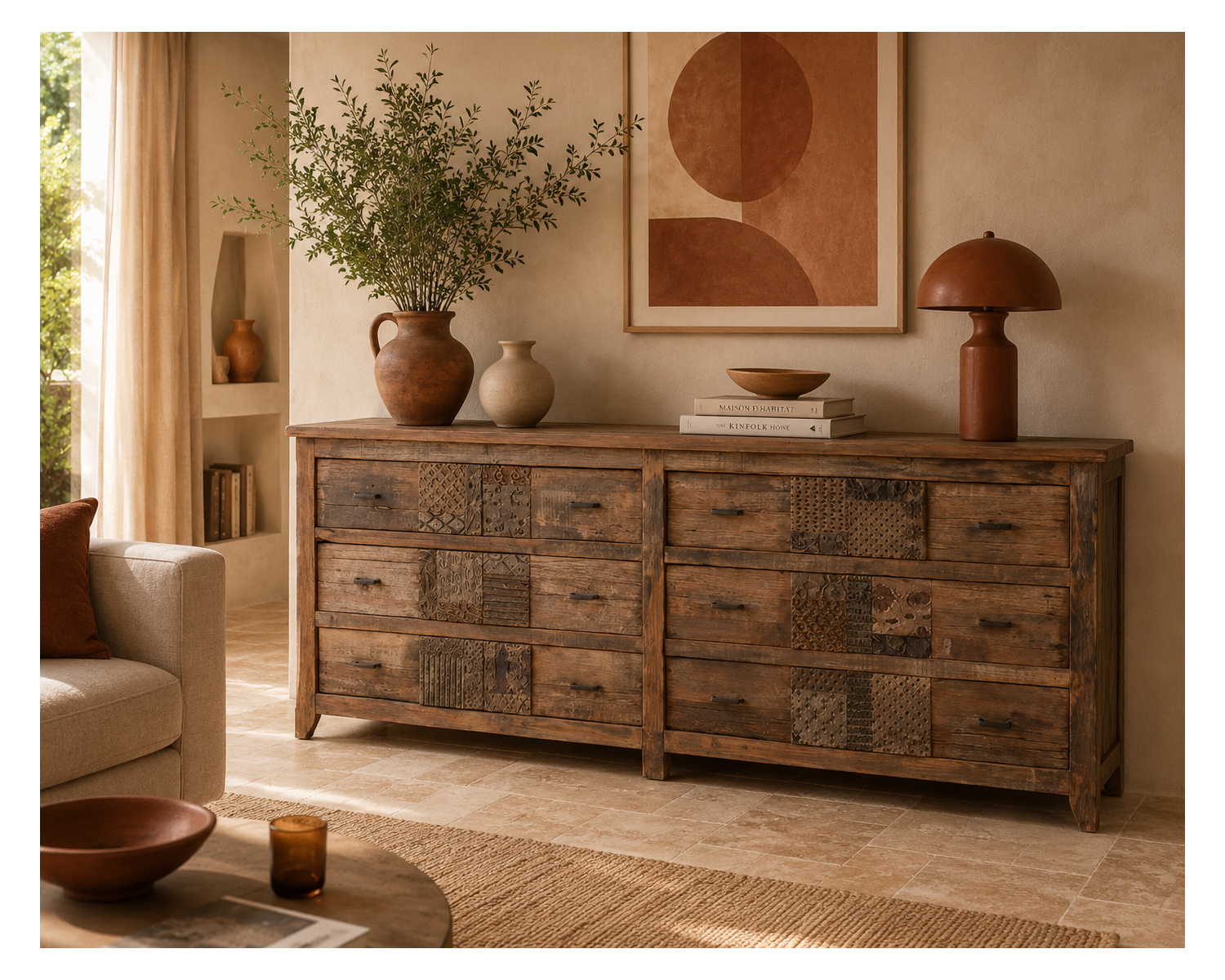 Commode basse apothicaire 195cm "Népalaise" en bois recyclé 6 tiroirs