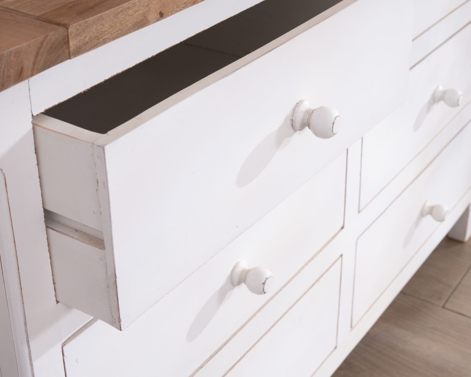 Commode 6 tiroirs en acacia "Equinoxe" blanche et plateau naturel