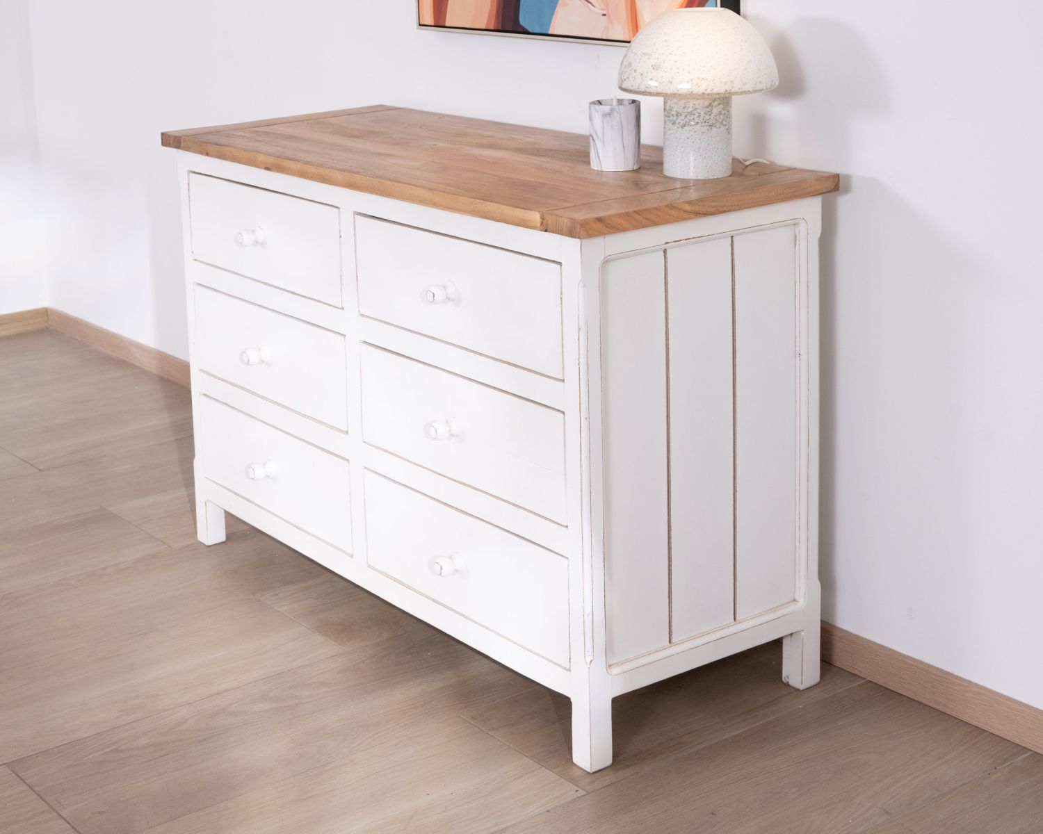 Commode 6 tiroirs en acacia "Equinoxe" blanche et plateau naturel