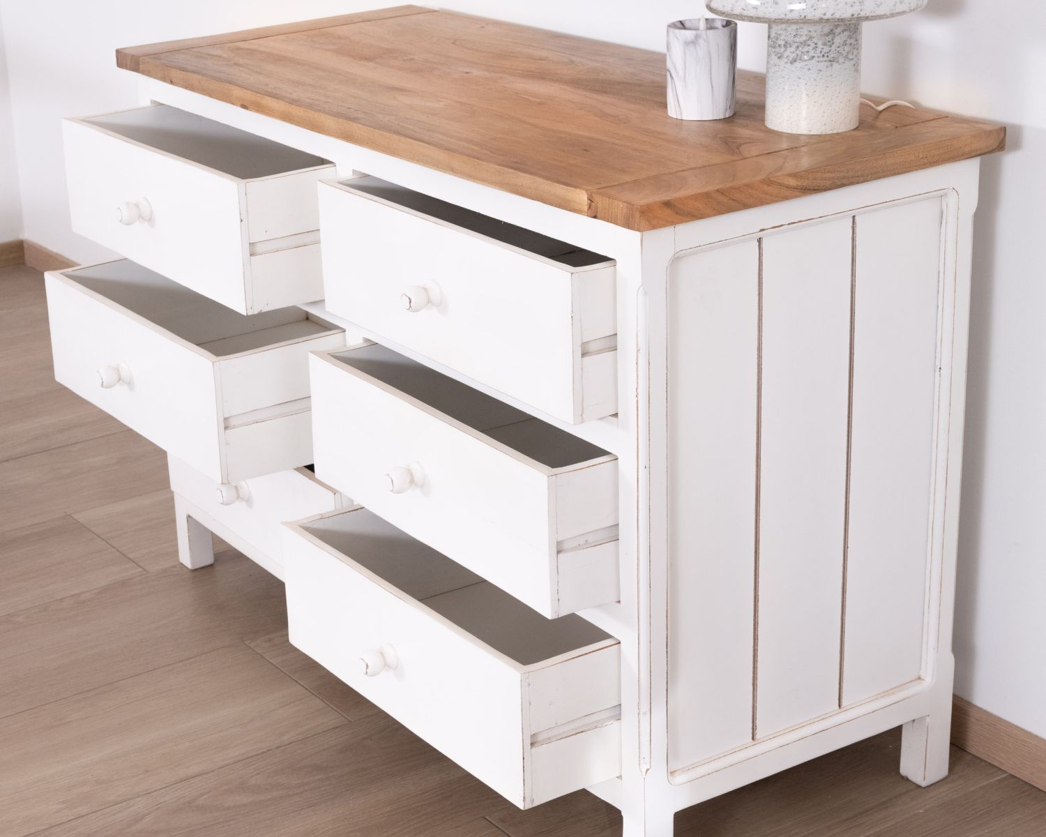 Commode 6 tiroirs en acacia "Equinoxe" blanche et plateau naturel