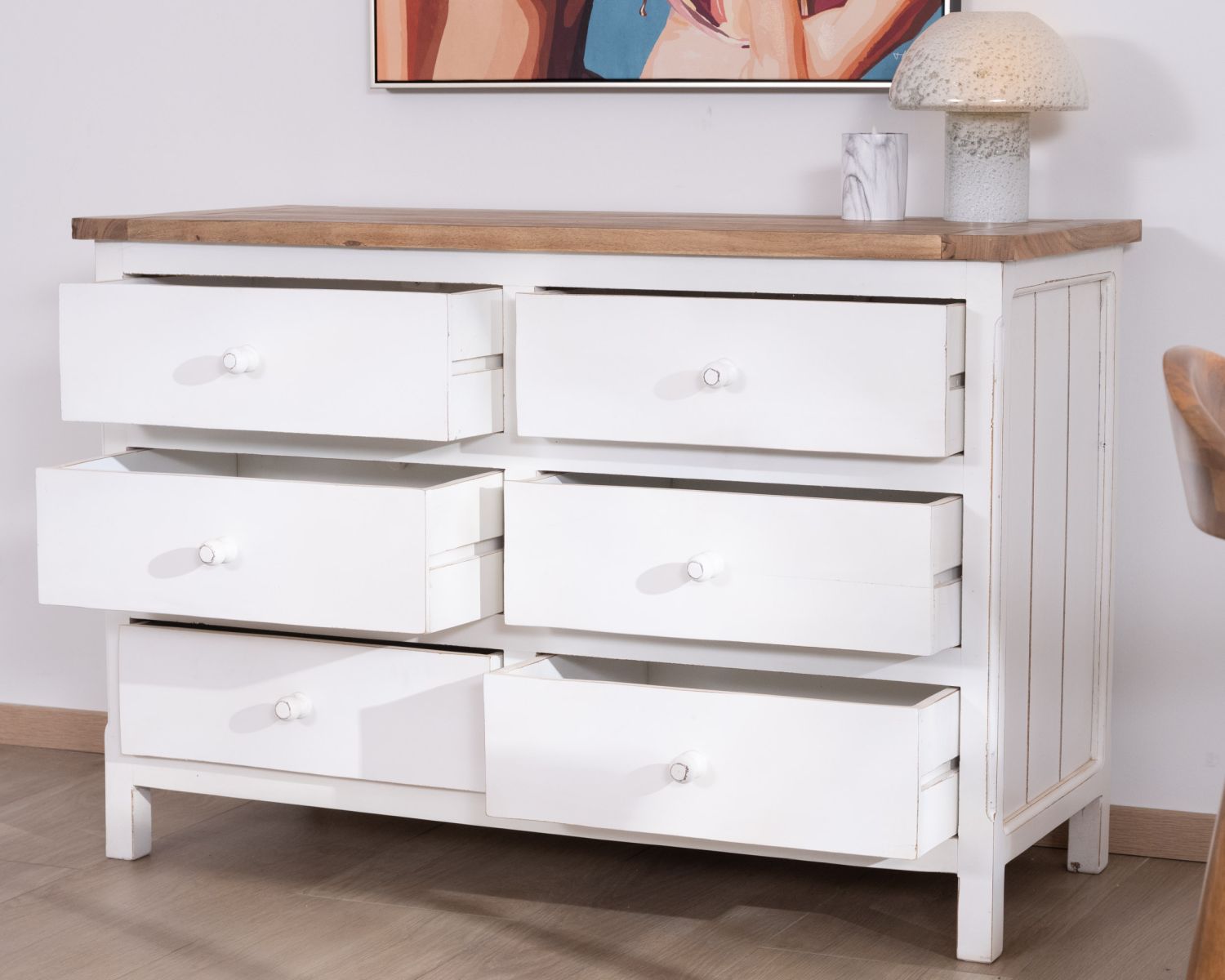 Commode 6 tiroirs en acacia "Equinoxe" blanche et plateau naturel