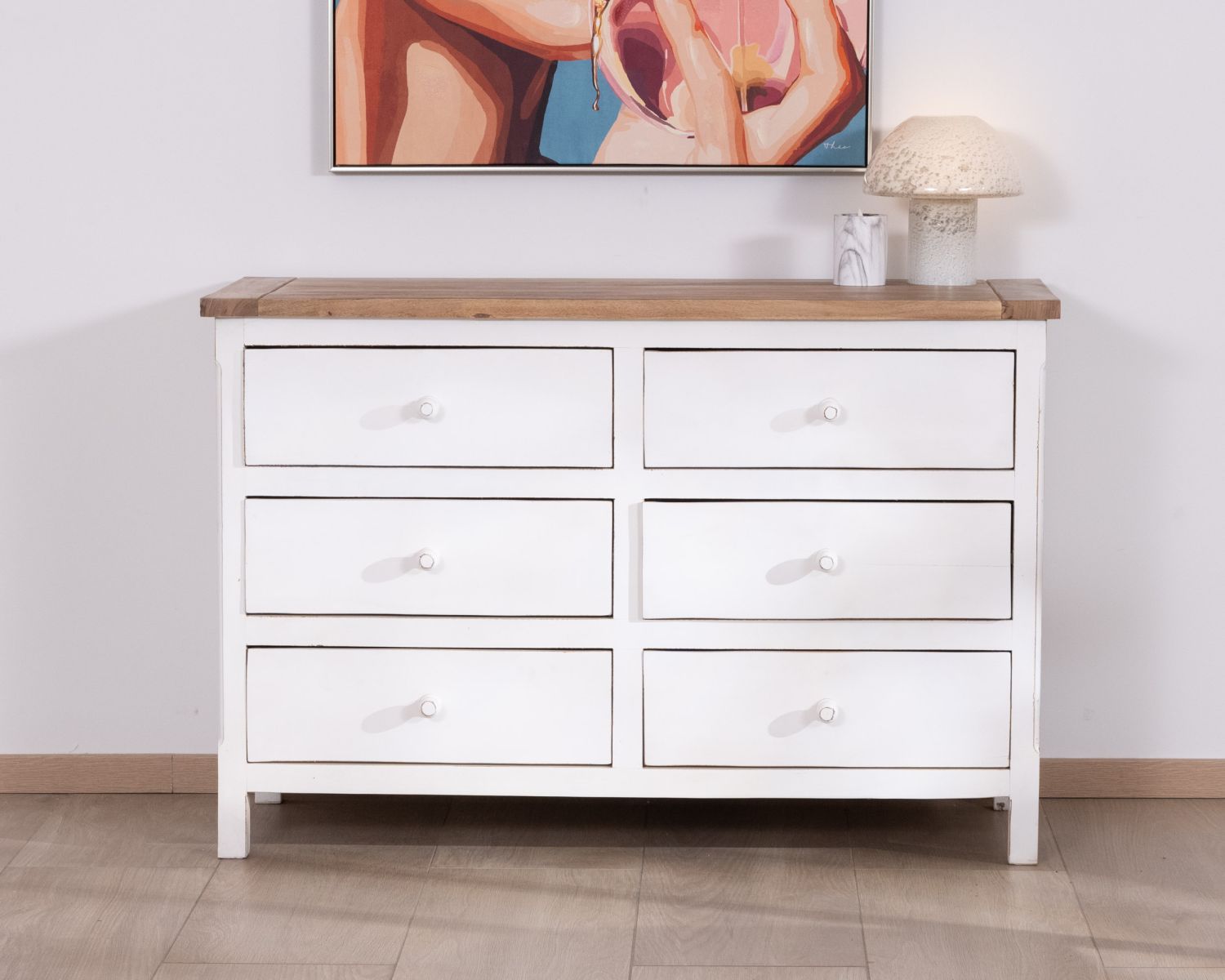 Commode 6 tiroirs en acacia "Equinoxe" blanche et plateau naturel