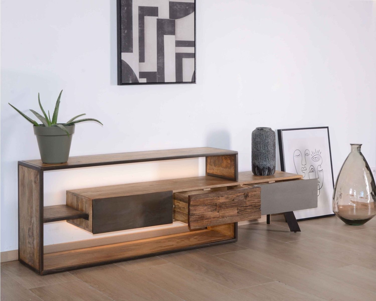 Meuble TV contemporain multi matériaux avec éclairage LED "Mezzo"