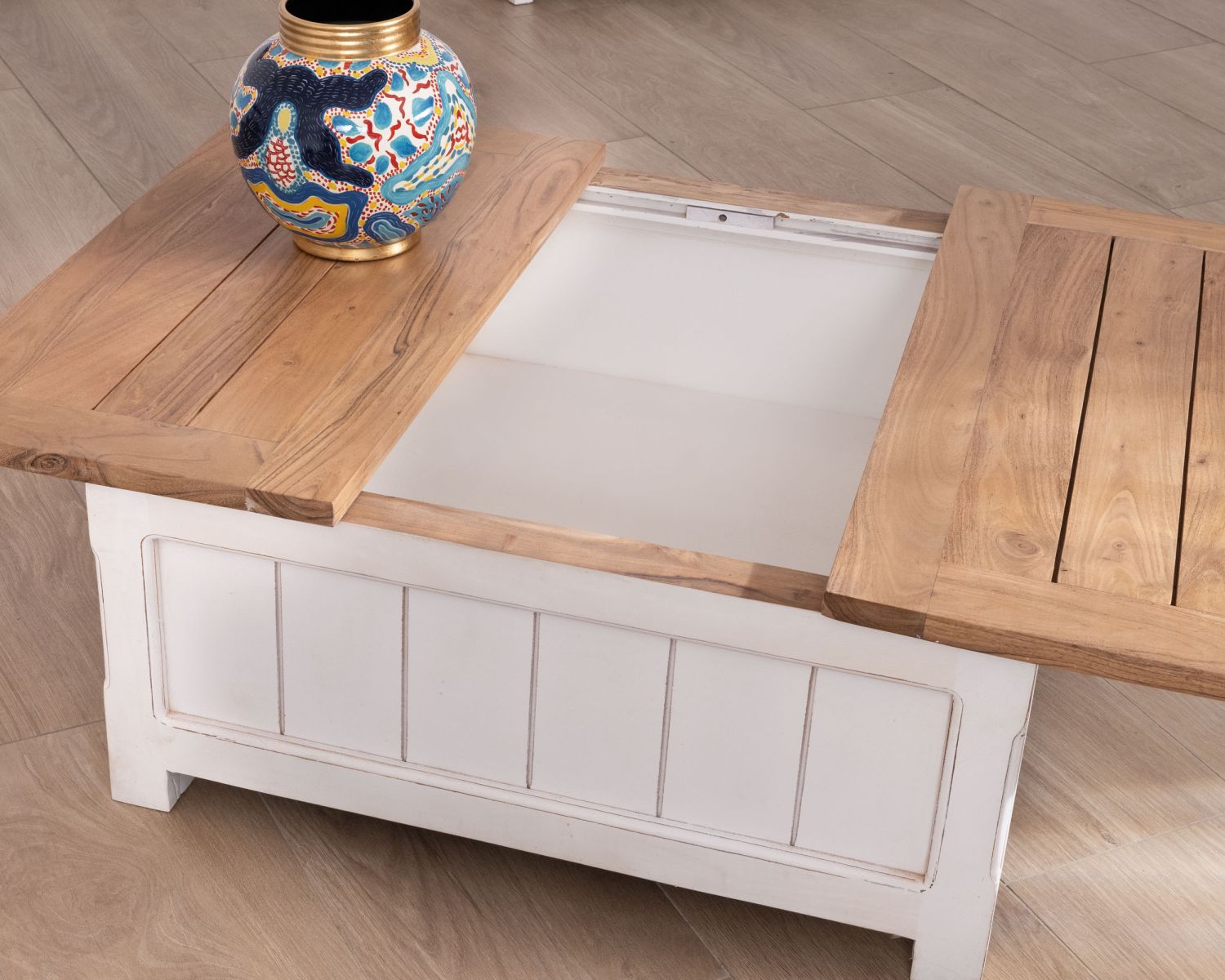 Table basse coffre avec plateau coulissant en acacia "Equinoxe" blanche et plateau naturel