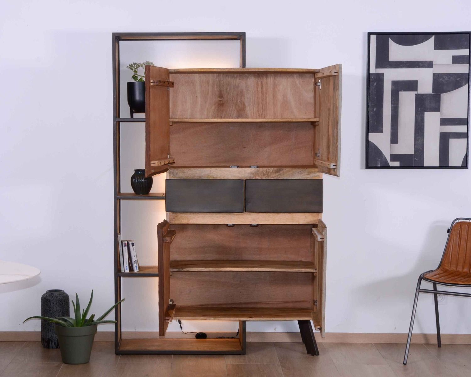 Armoire contemporaine avec LED "Mezzo" en bois métal et ciment