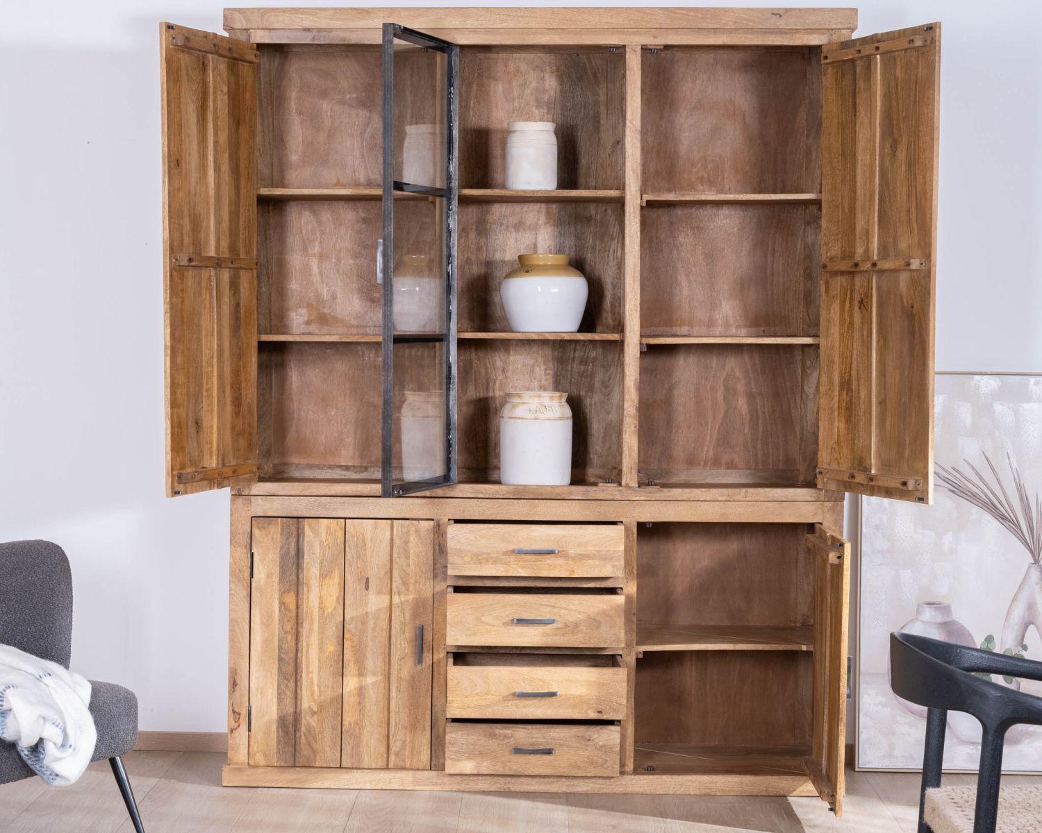 Vaisselier contemporain 180 cm en manguier avec porte centrale vitrée "Presolino"