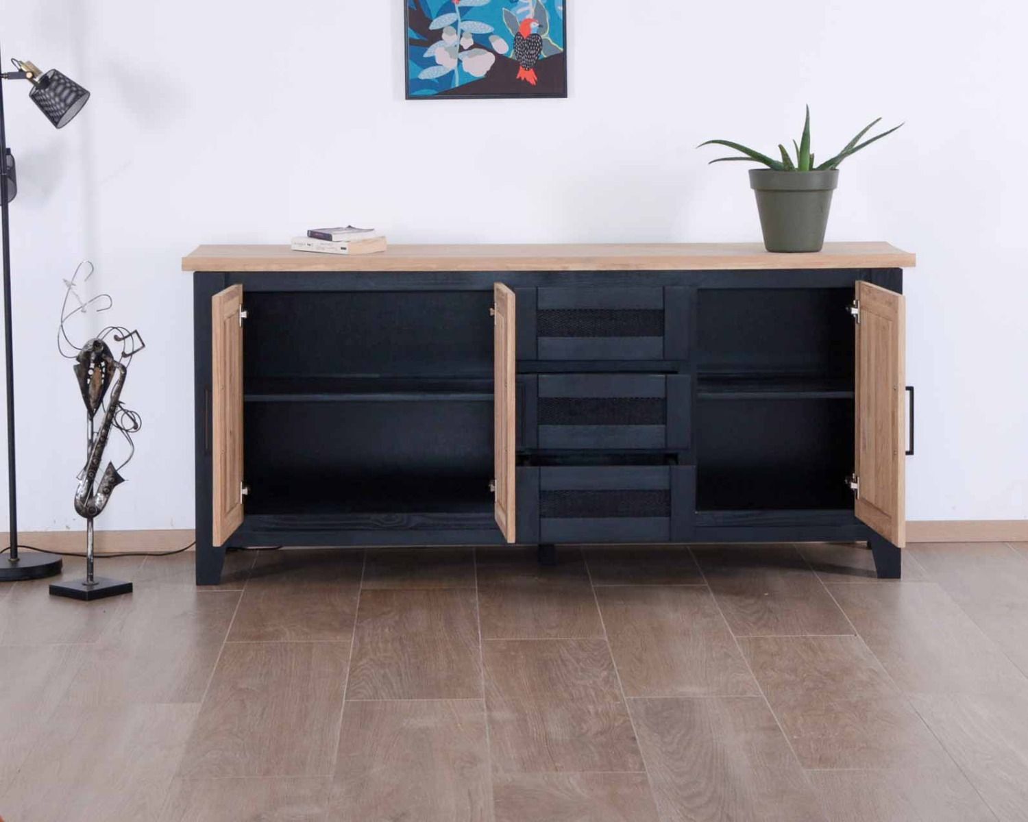 Grande enfilade bicolore style loft bois massif et métal « Ashland »
