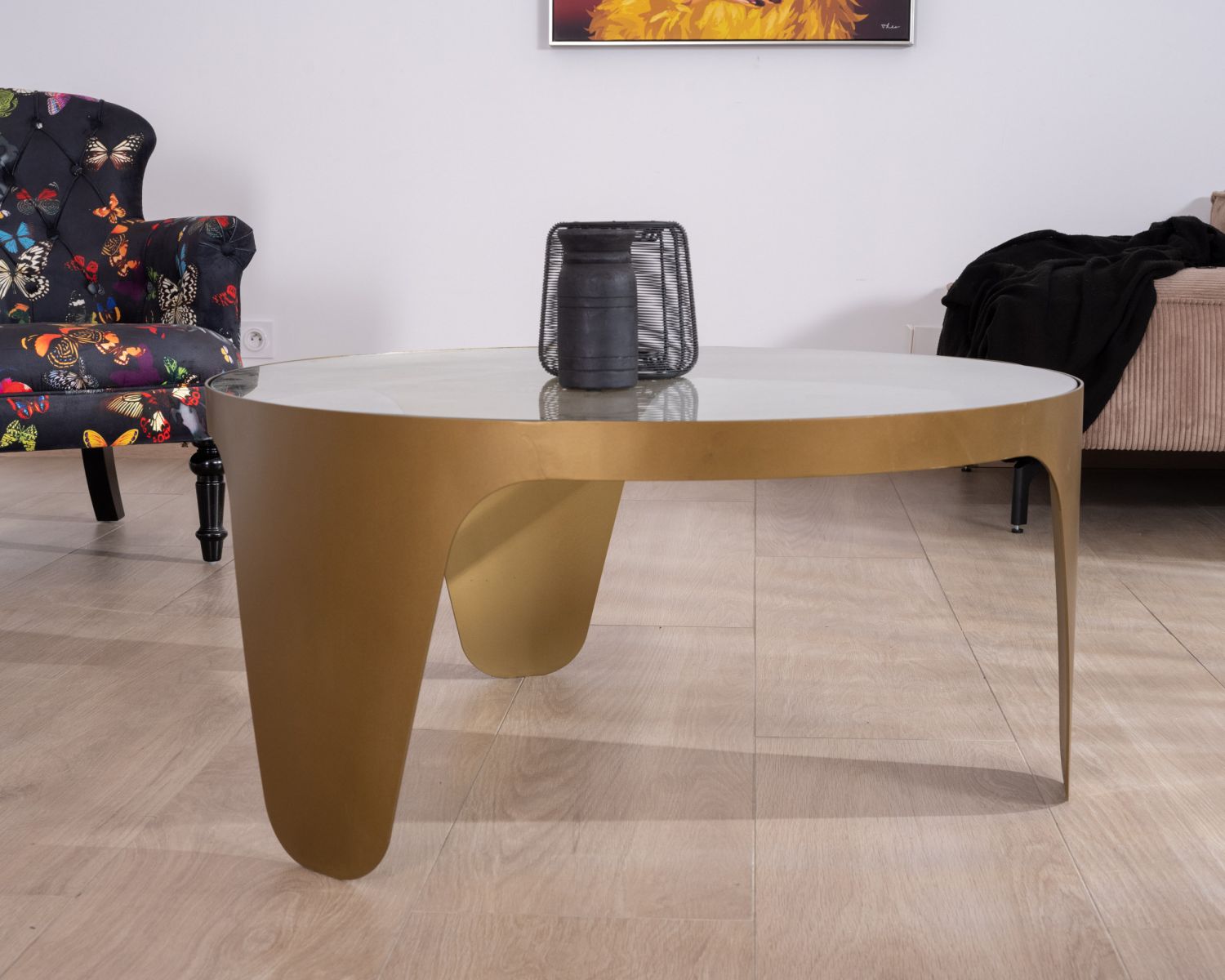 Table basse ronde laiton antique et verre "Gilt Antique"