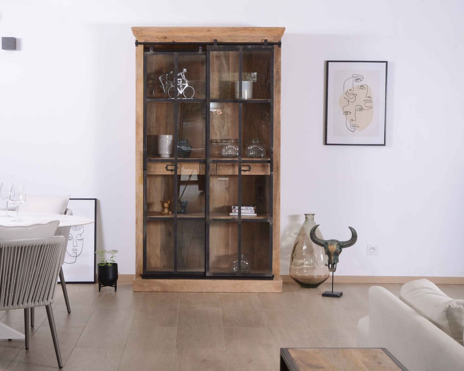 Bibliothèque style manufacture bois de manguier métal et verre "Haden"