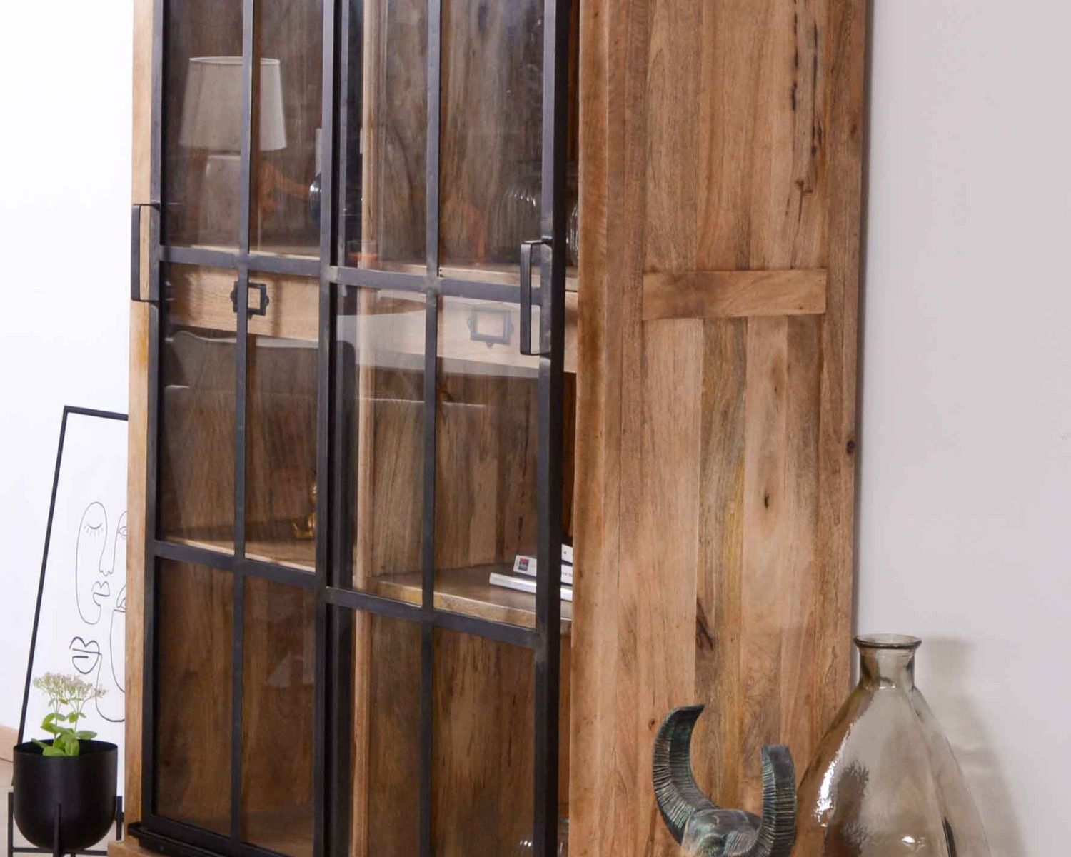 Bibliothèque style manufacture bois de manguier métal et verre "Haden"