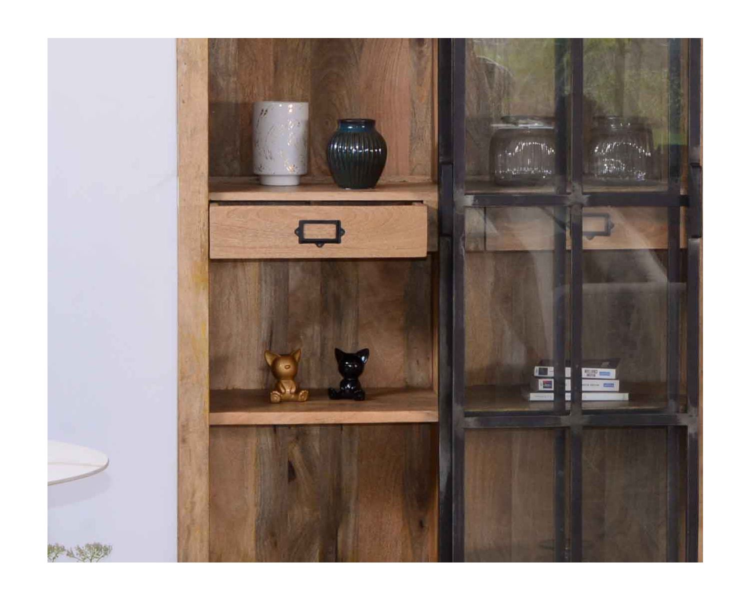 Bibliothèque style manufacture bois de manguier métal et verre "Haden"