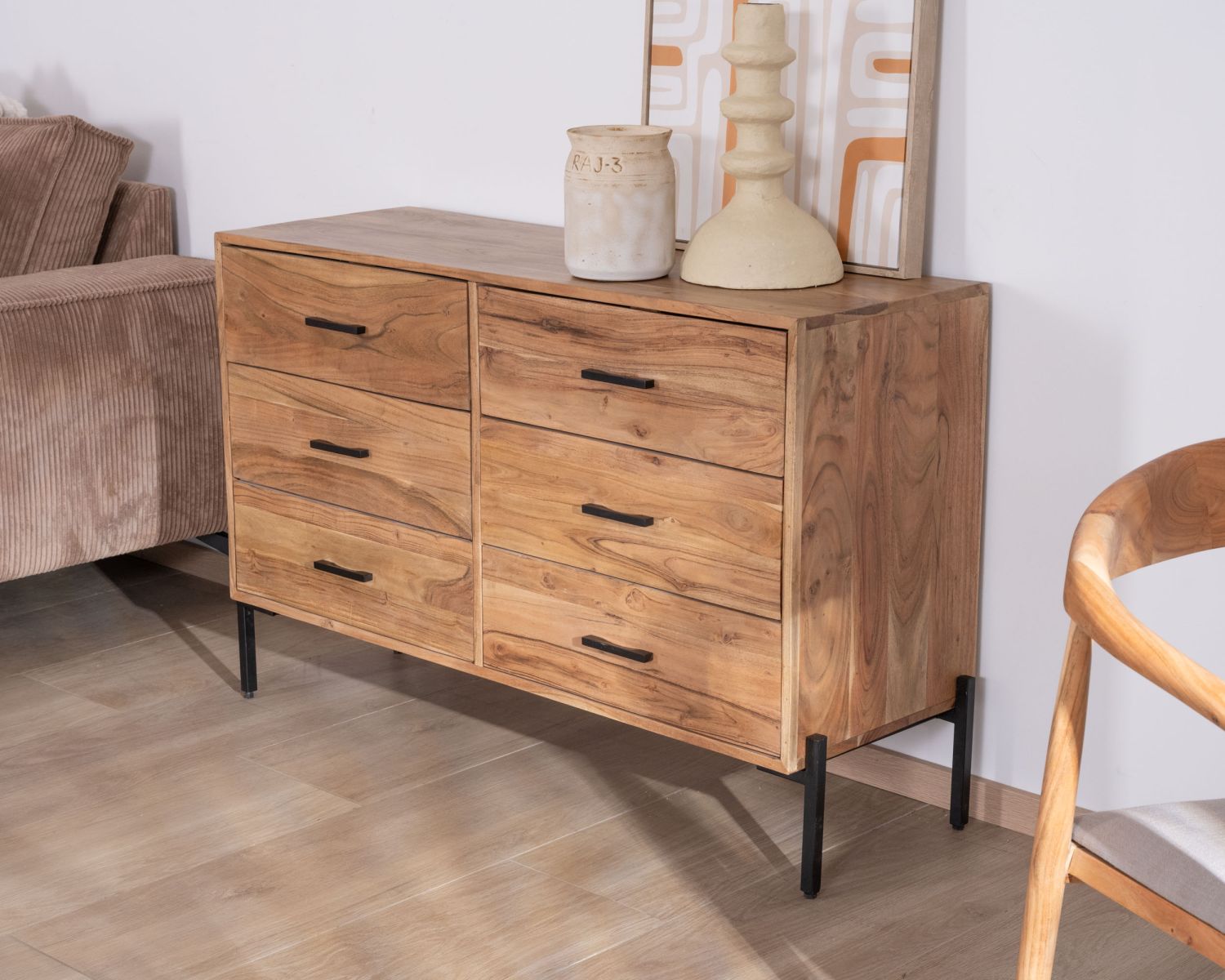 Commode 6 tiroirs "Conoa" acacia et pieds métal noir
