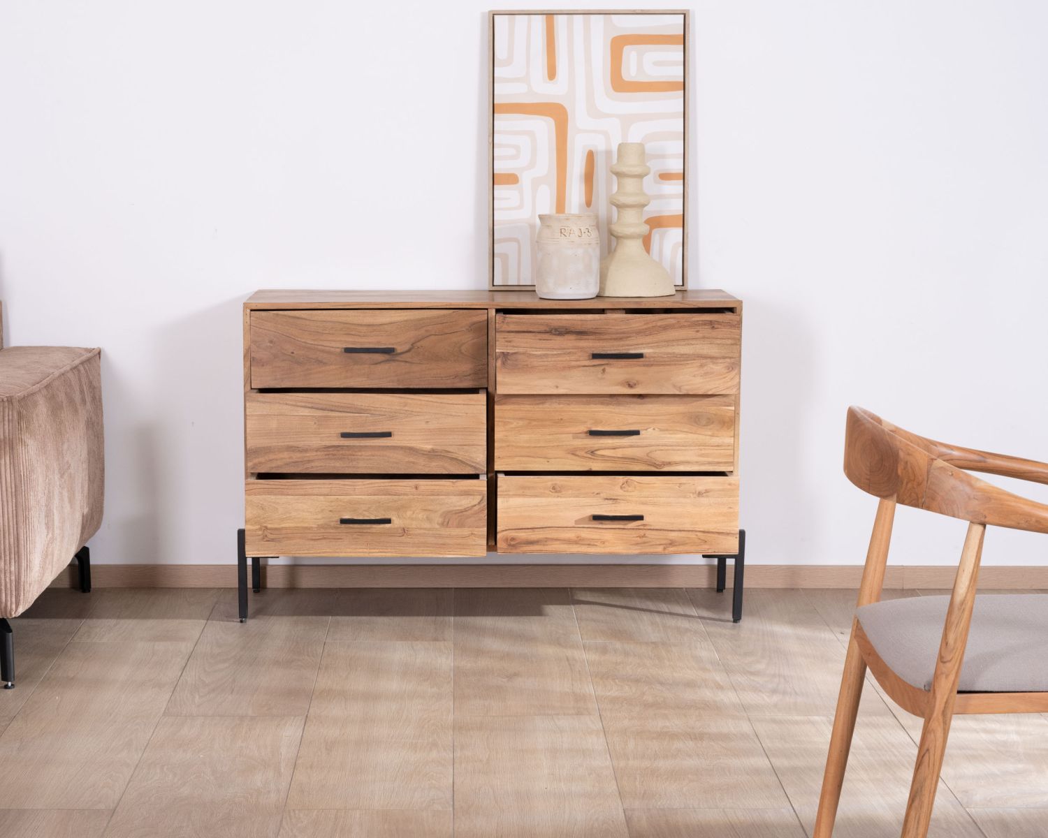 Commode 6 tiroirs "Conoa" acacia et pieds métal noir