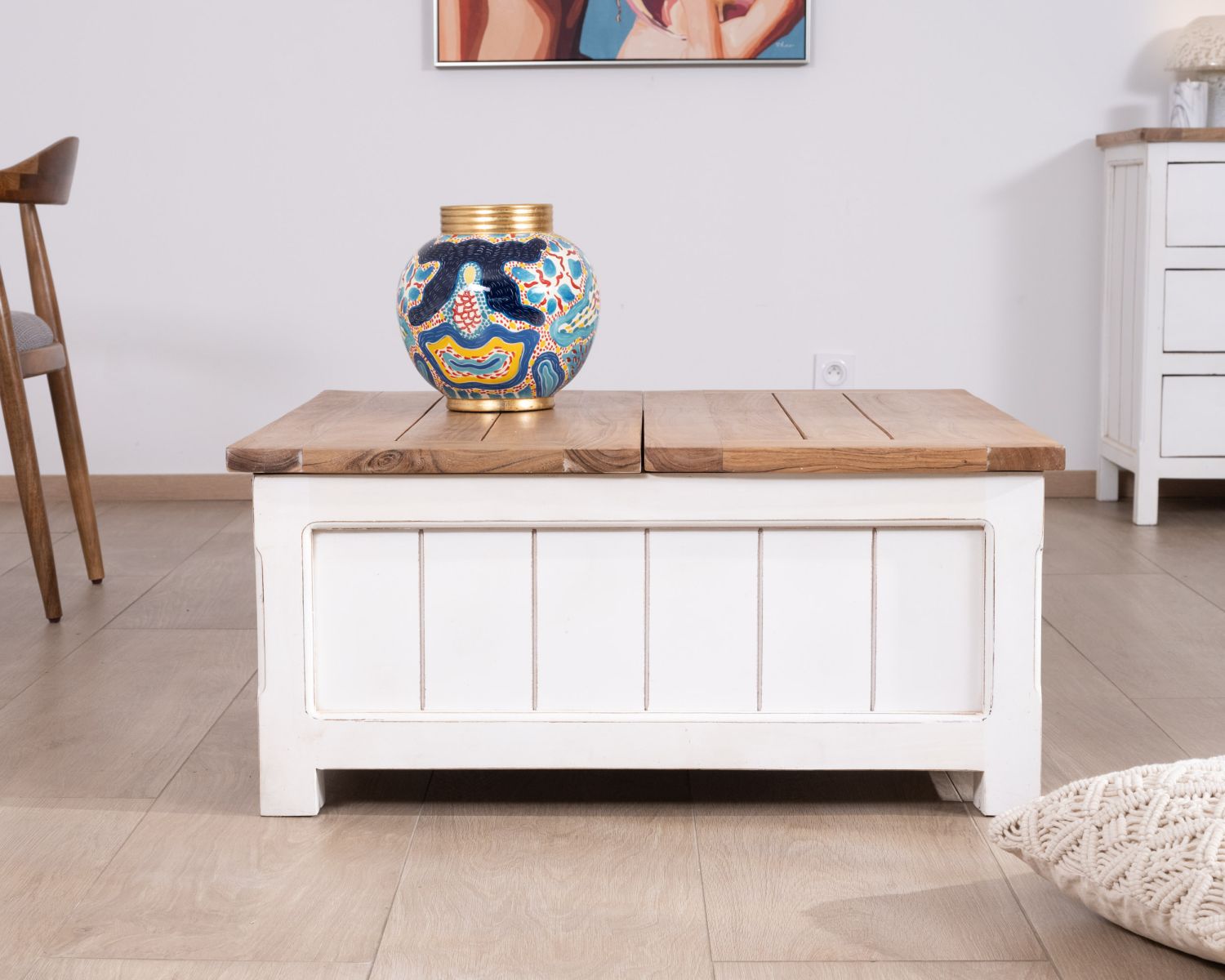 Table basse coffre avec plateau coulissant en acacia "Equinoxe" blanche et plateau naturel