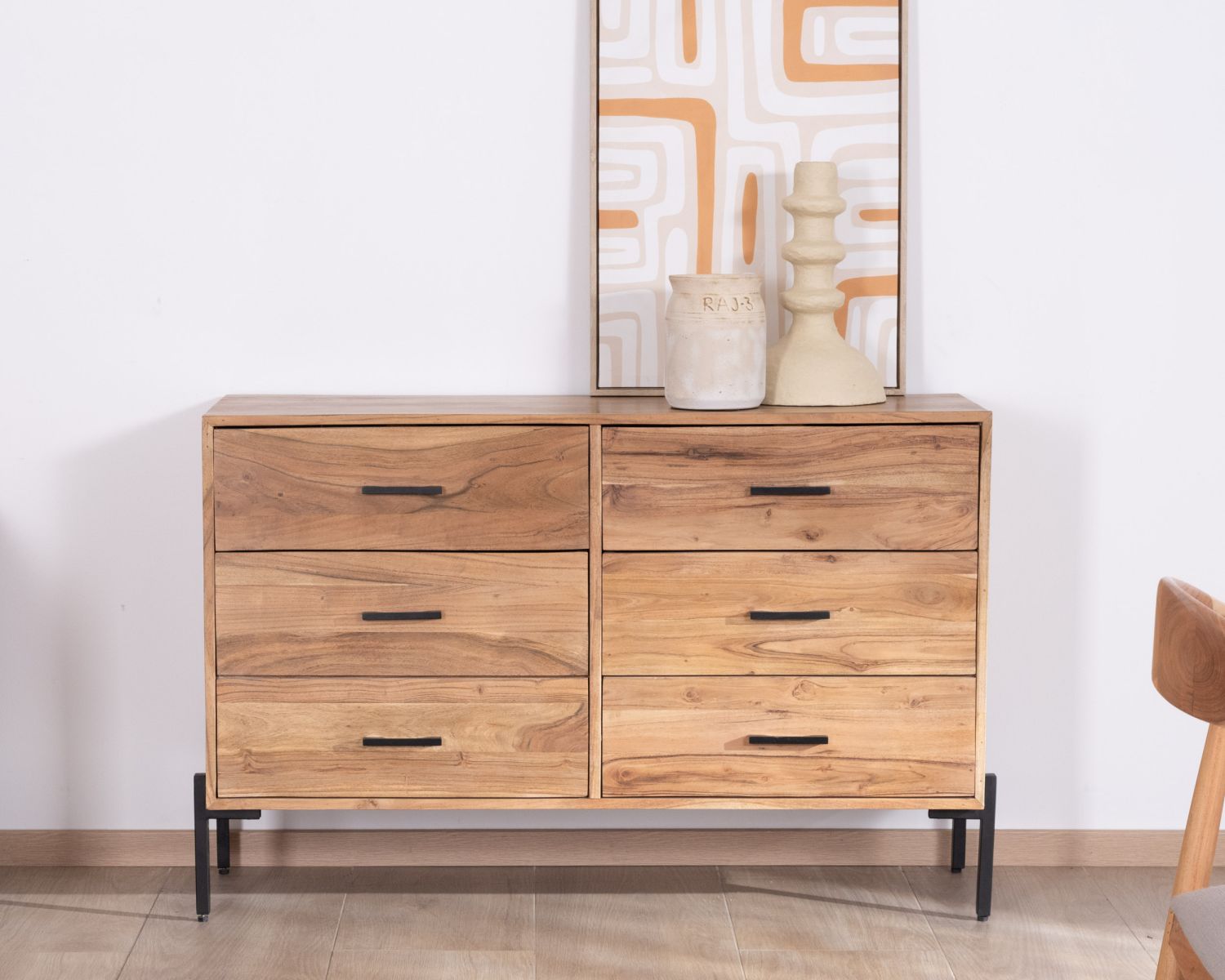 Commode 6 tiroirs "Conoa" acacia et pieds métal noir