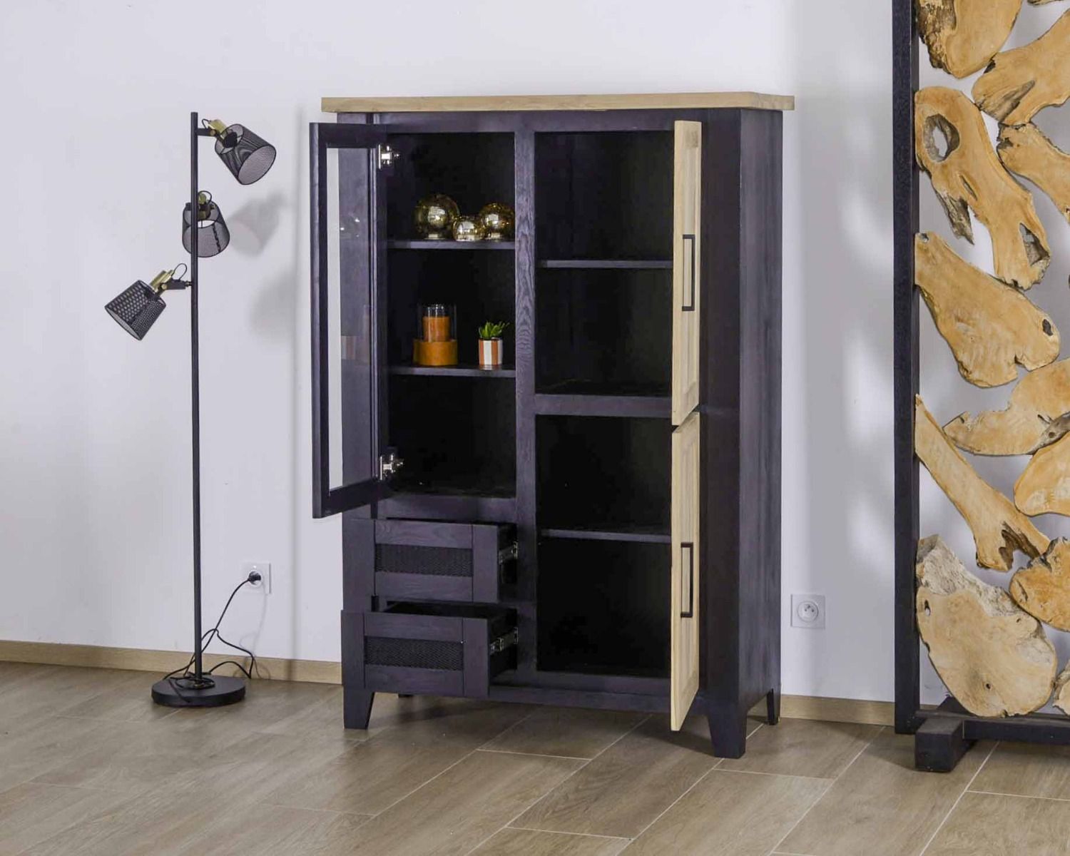 Buffet haut noir et naturel style loft bois et métal « Ashland »