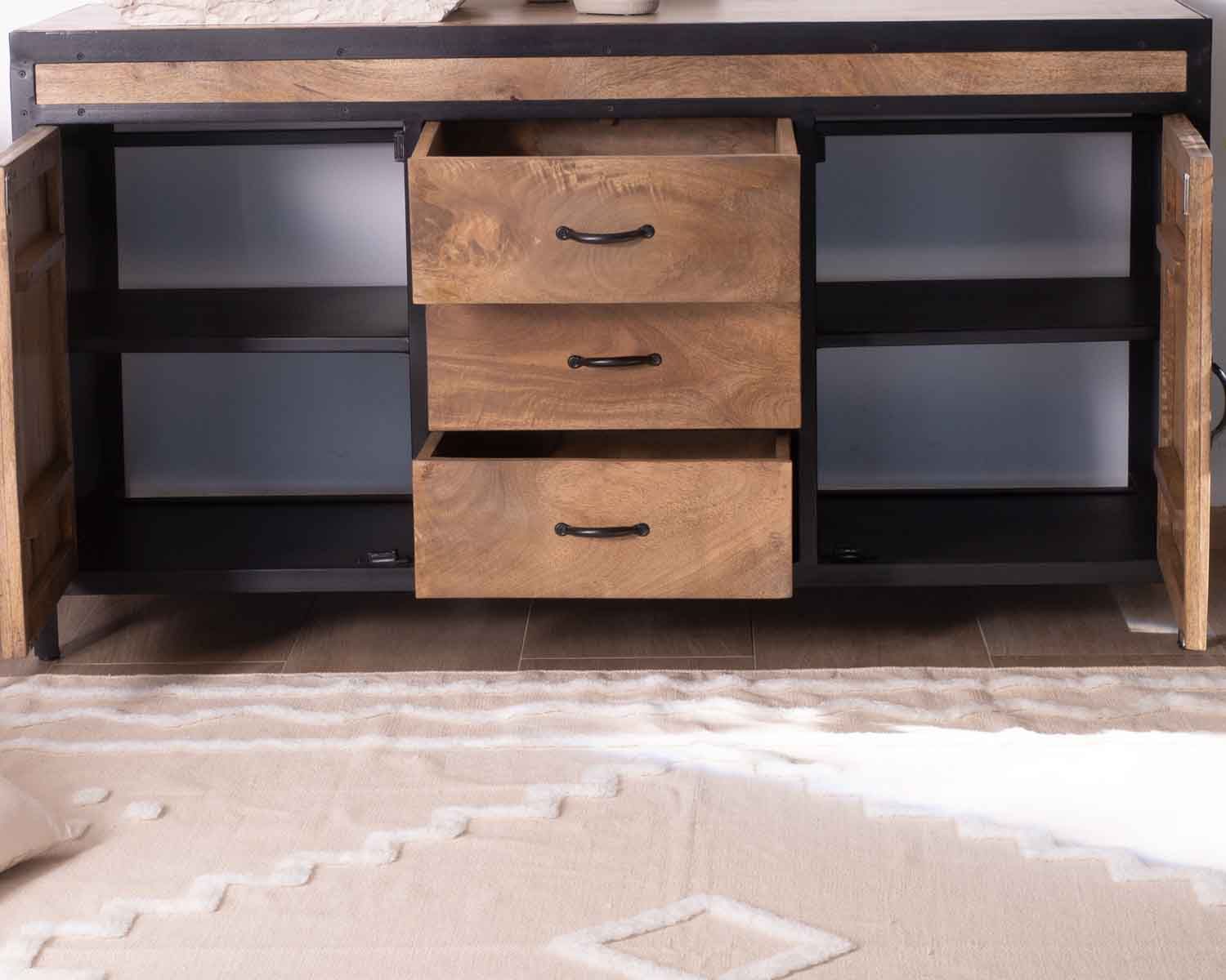 Meuble sous vasque 150 cm industriel manguier massif et métal "Atelier"