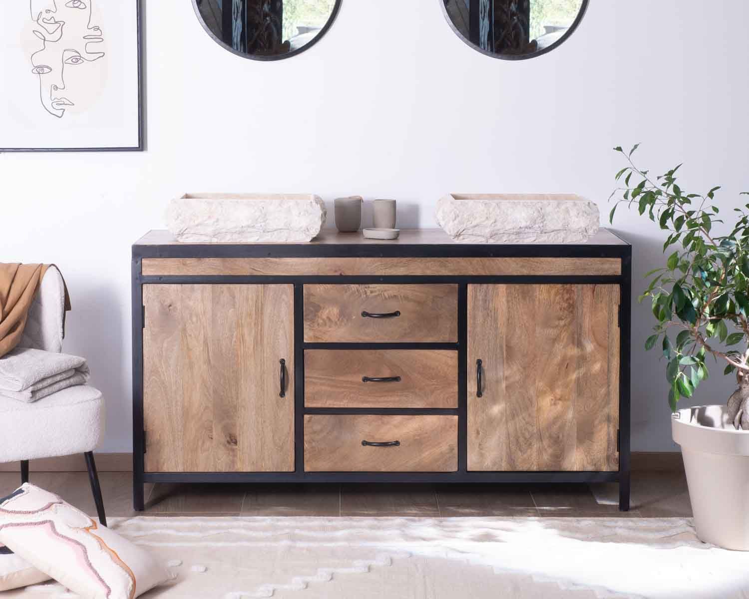 Meuble sous vasque 150 cm industriel manguier massif et métal "Atelier"