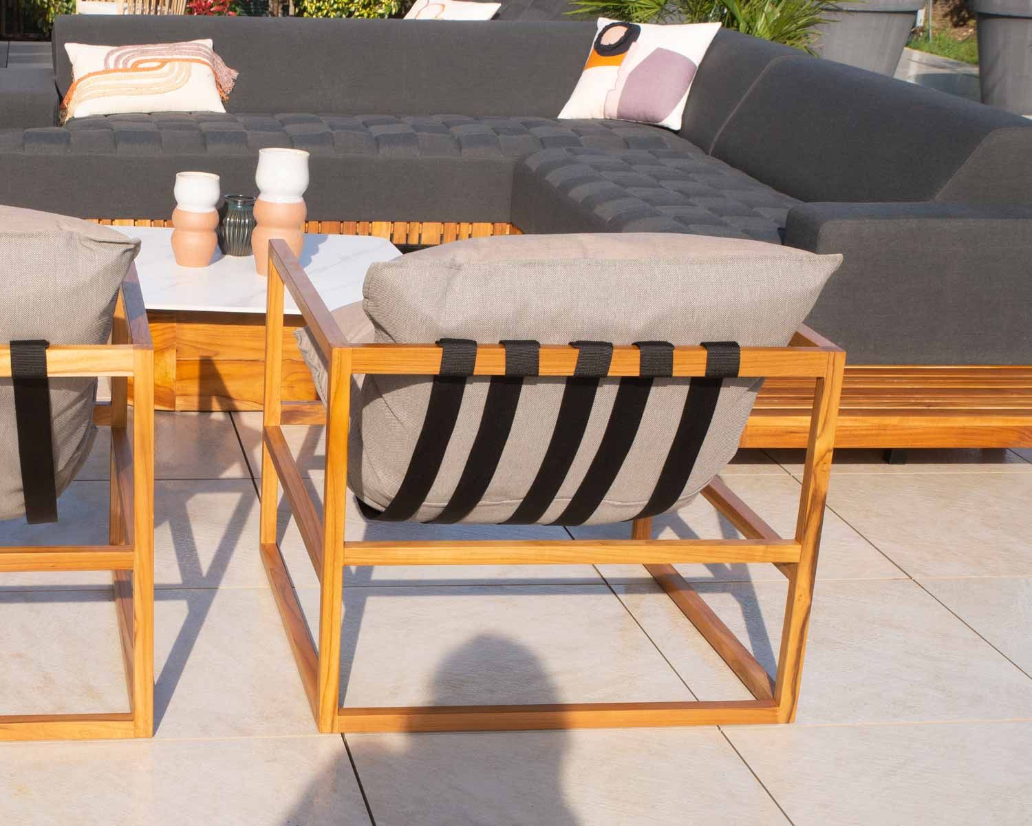 Fauteuil de jardin relax teck et tissu Sunbrella Taupe "Maluku Island"