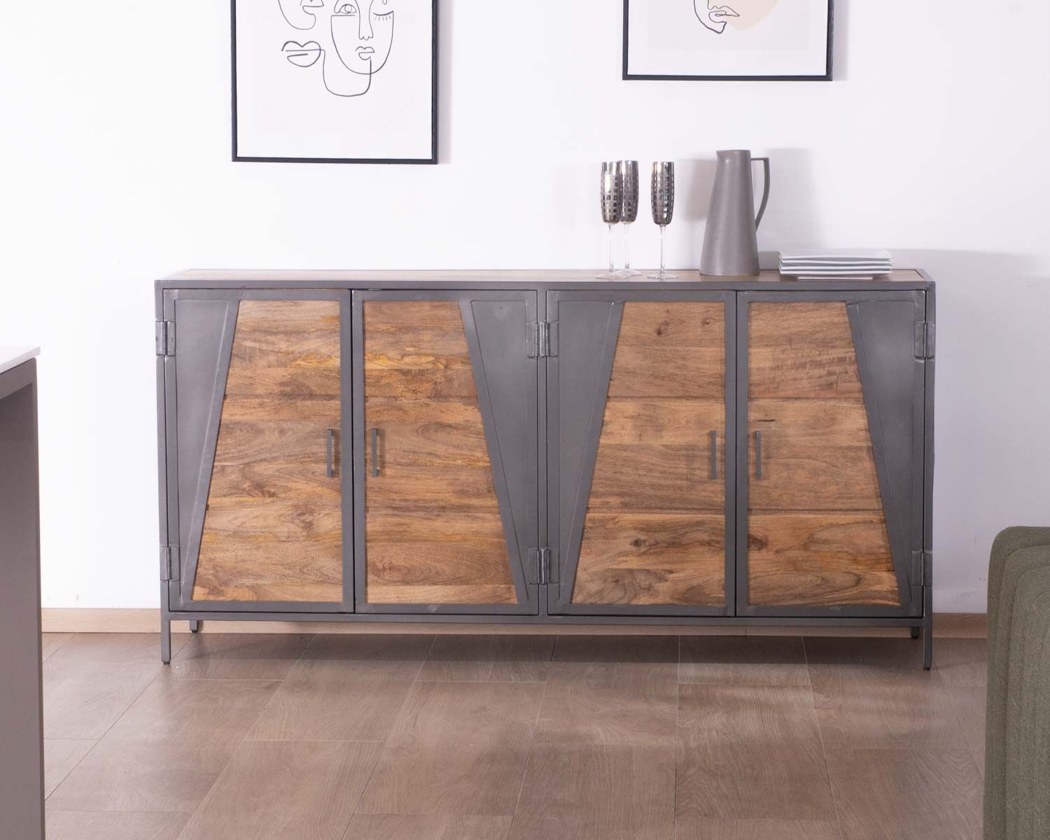 Enfilade industrielle métal gris et bois de manguier "Vista"