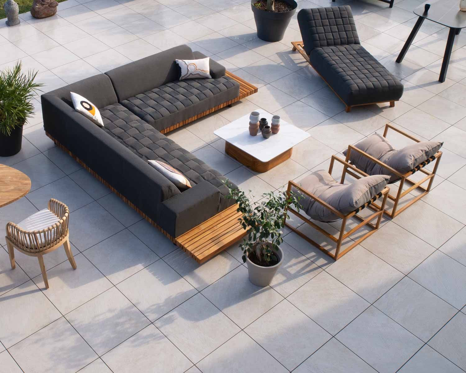 Fauteuil de jardin relax teck et tissu Sunbrella Taupe "Maluku Island"