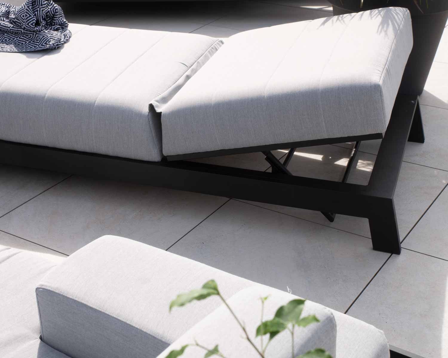 Bain de soleil confort tissu Sunbrella gris clair structure aluminium noire "Terrasse"