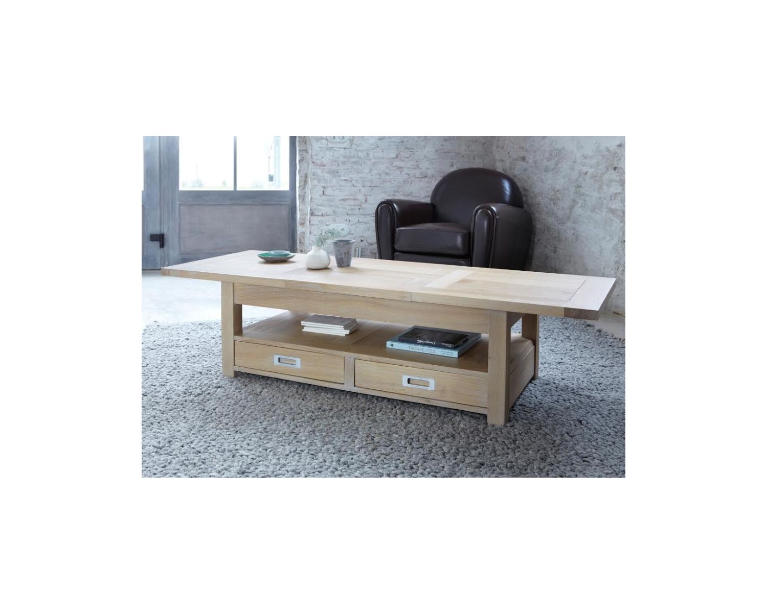 Table basse rectangulaire chêne massif avec allonge "Bella"