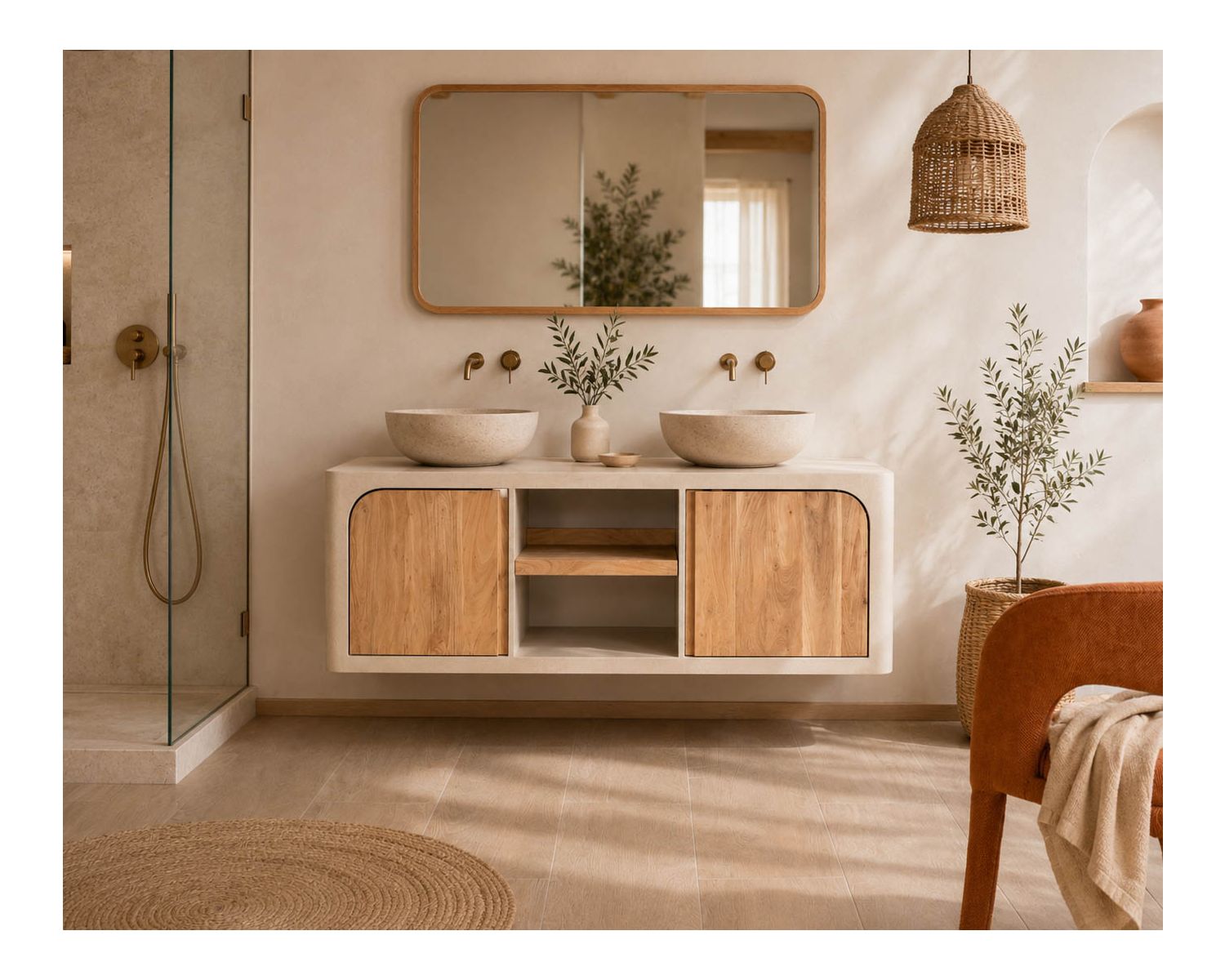 Meuble sous vasque 140 cm à suspendre "Miona" design organique aspect béton sablé