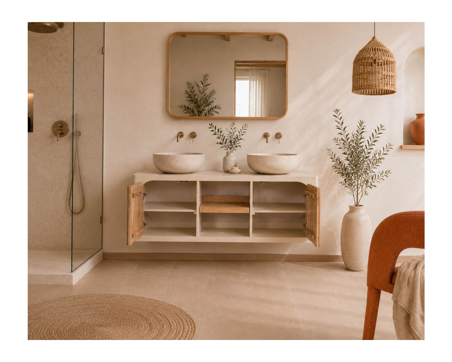 Meuble sous vasque 140 cm à suspendre "Miona" design organique aspect béton sablé