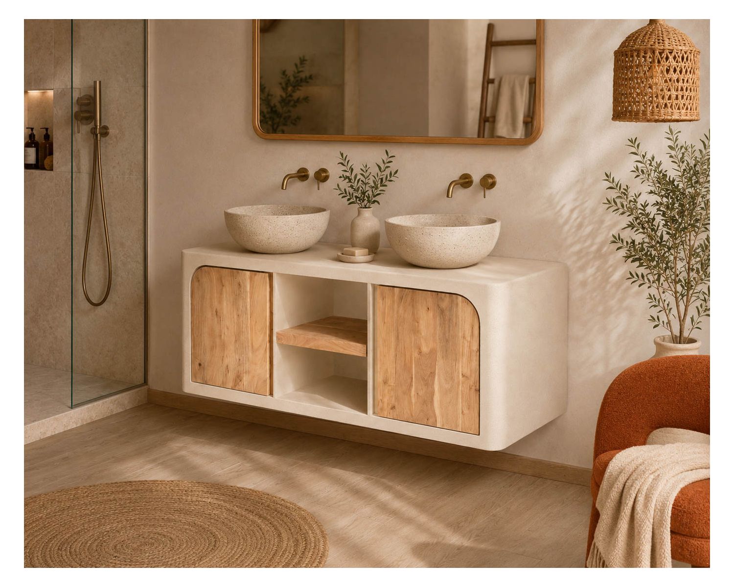 Meuble sous vasque 140 cm à suspendre "Miona" design organique aspect béton sablé