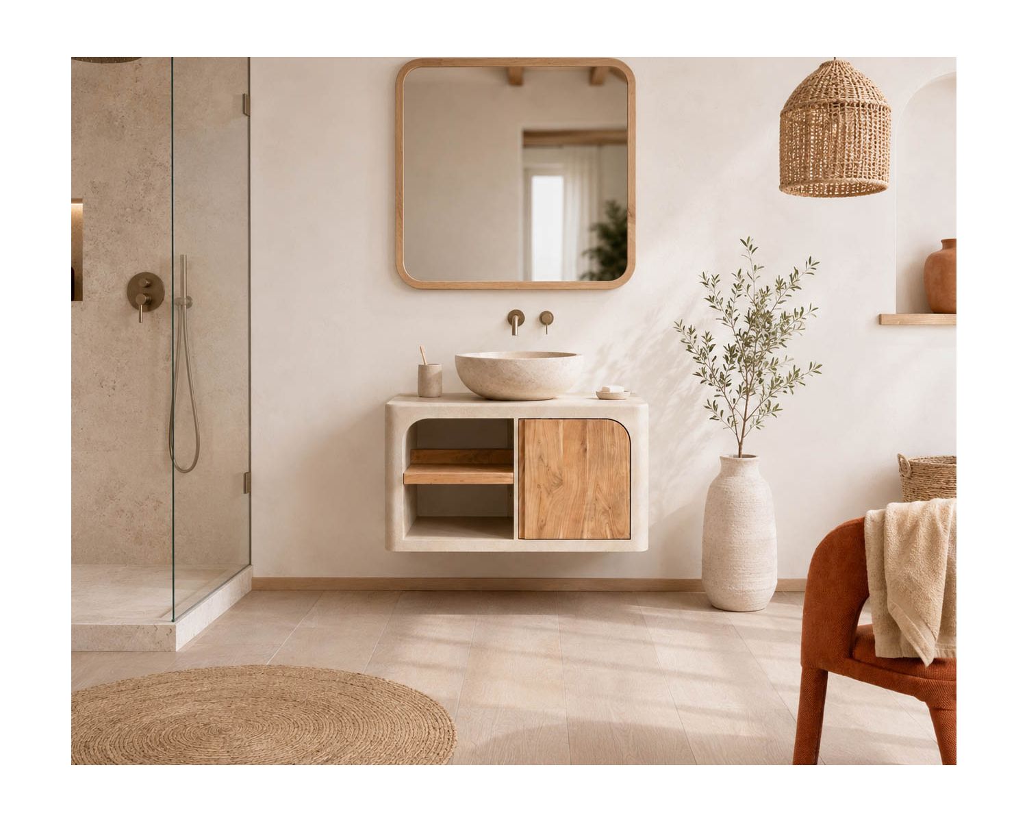 Meuble sous vasque 90 cm à suspendre "Miona" design organique aspect béton sablé