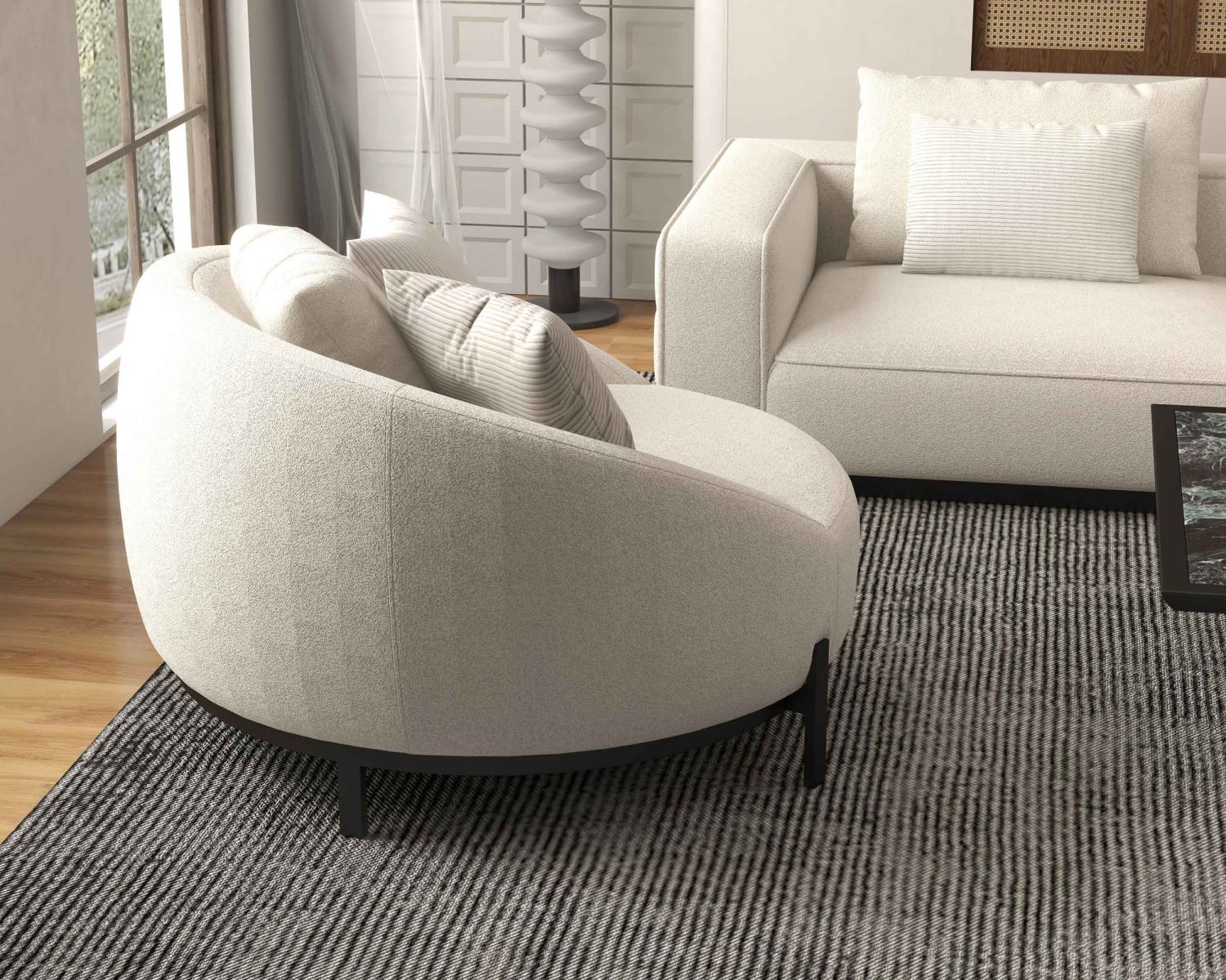 Chauffeuse ronde 120 cm en tissu blanc chiné et coussins velours côtelé "Sweet Culture"