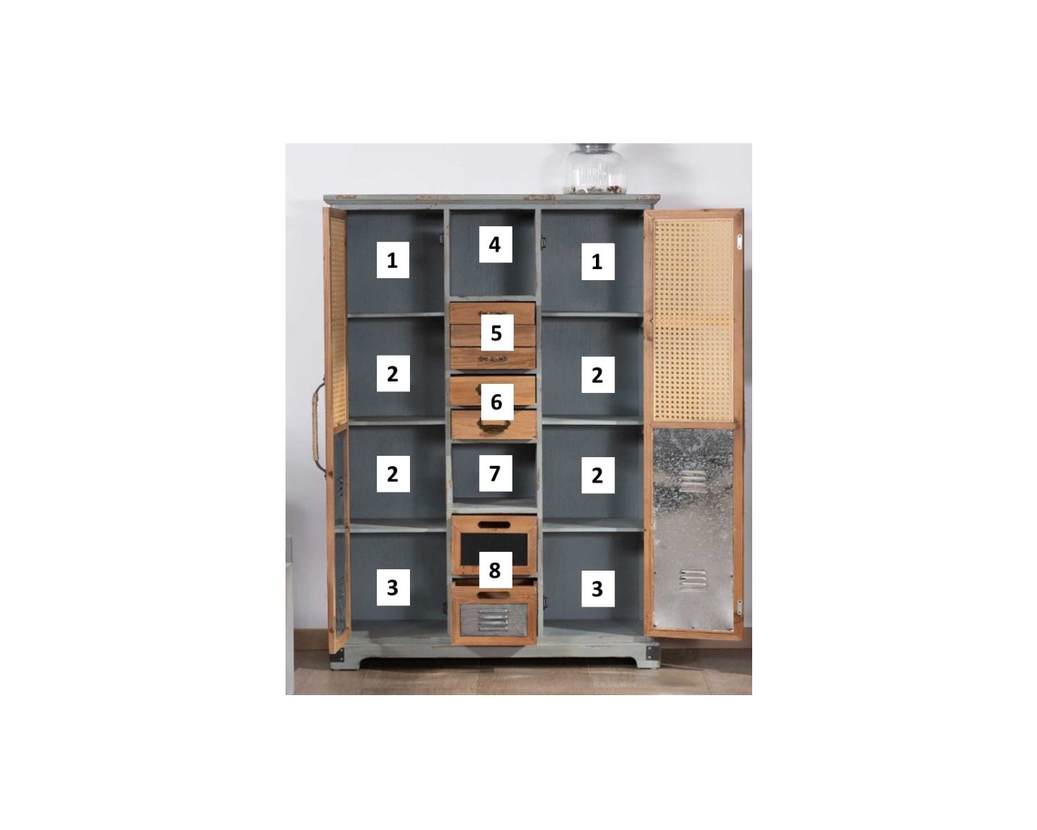 Buffet à tiroirs déco en sapin et imitation rotin "Mélimélo Indus"