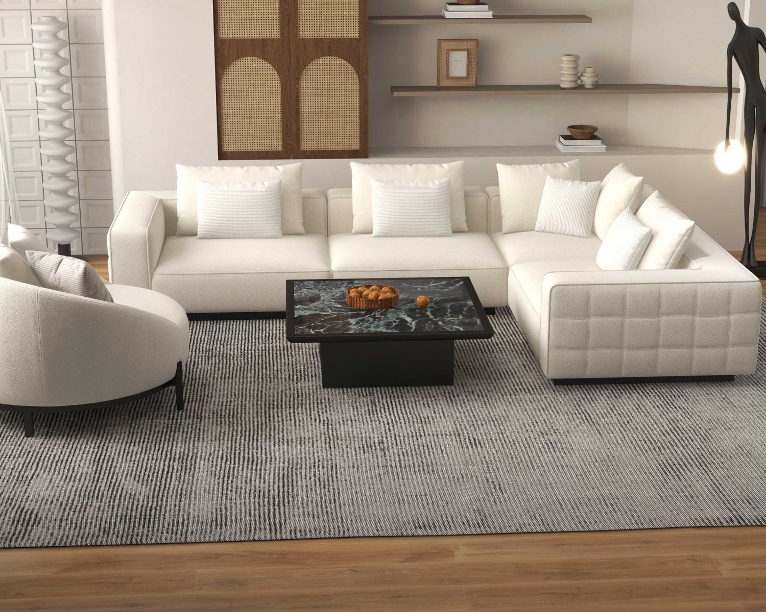 Grand canapé d'angle graphique et ultra cosy en tissu blanc "Sweet Culture"