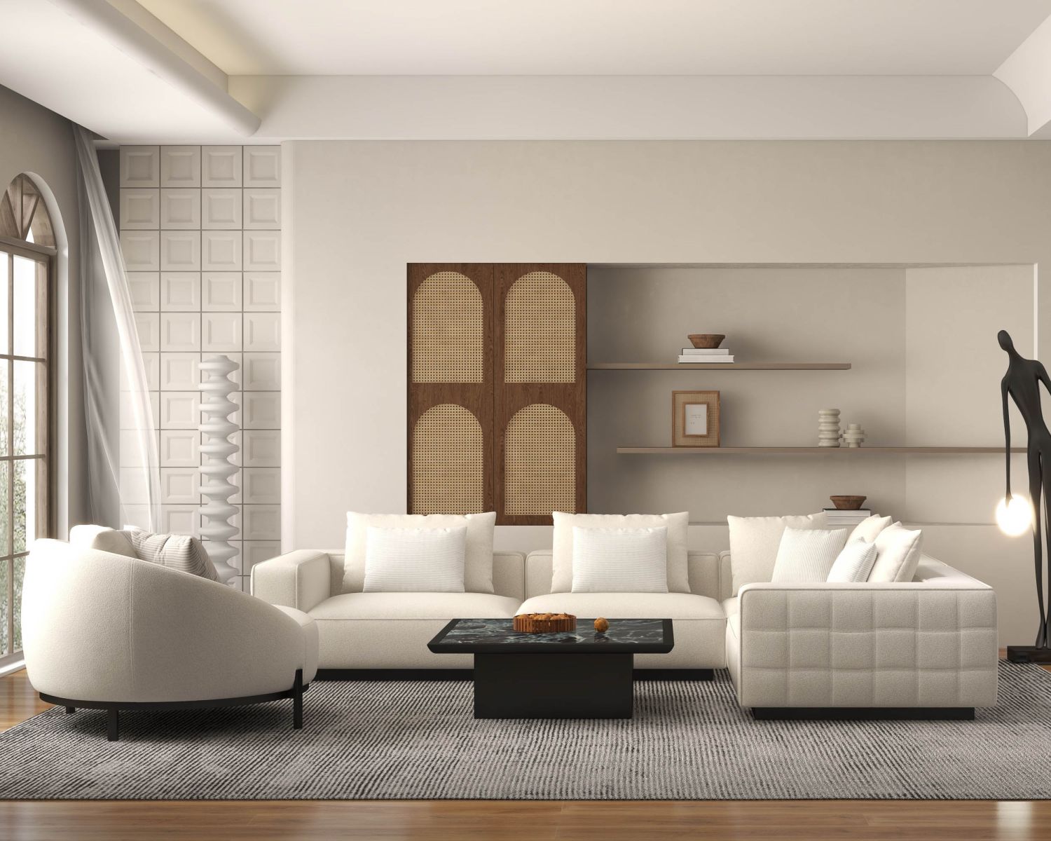 Chauffeuse ronde 120 cm en tissu blanc chiné et coussins velours côtelé "Sweet Culture"