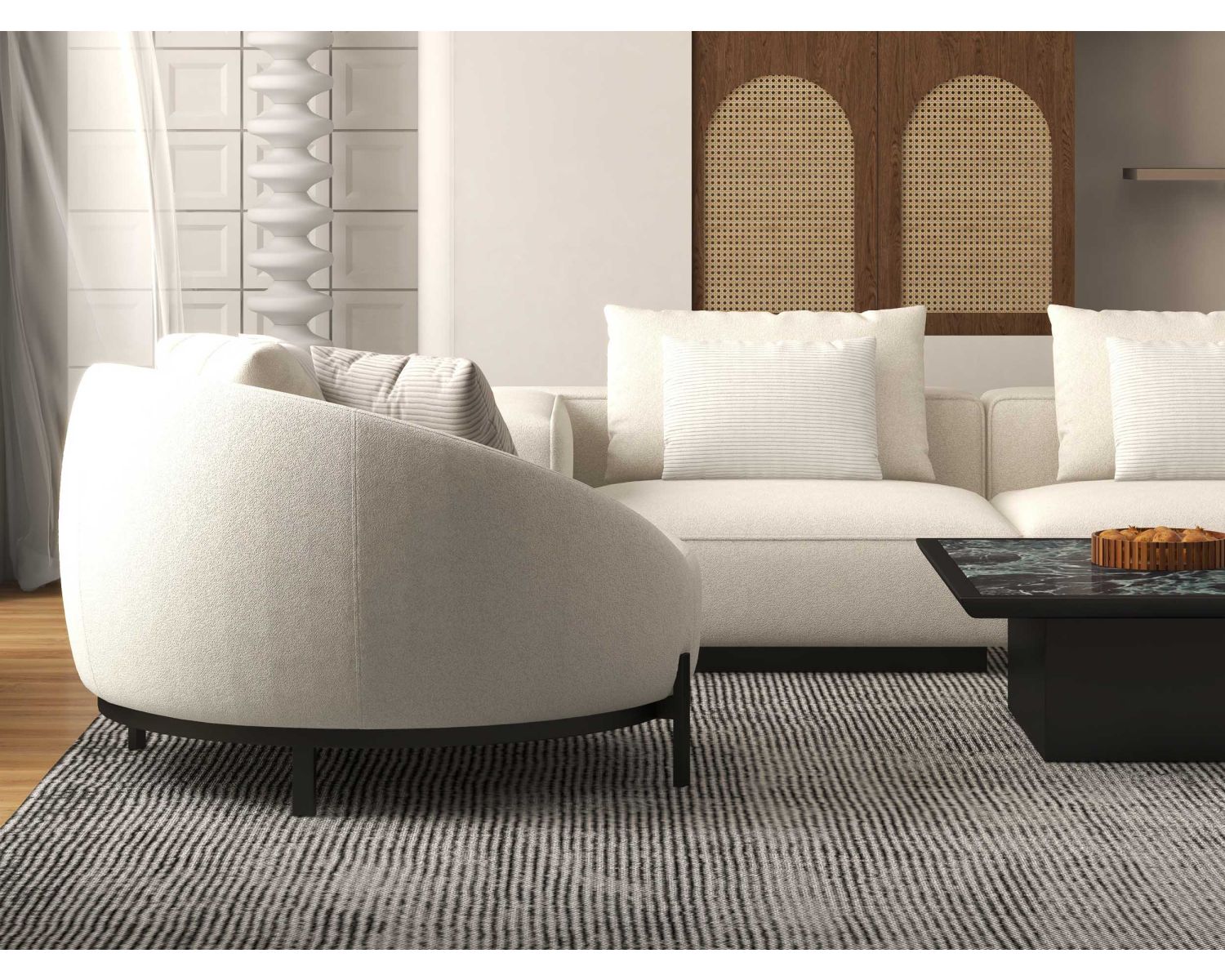 Chauffeuse ronde 120 cm en tissu blanc chiné et coussins velours côtelé "Sweet Culture"