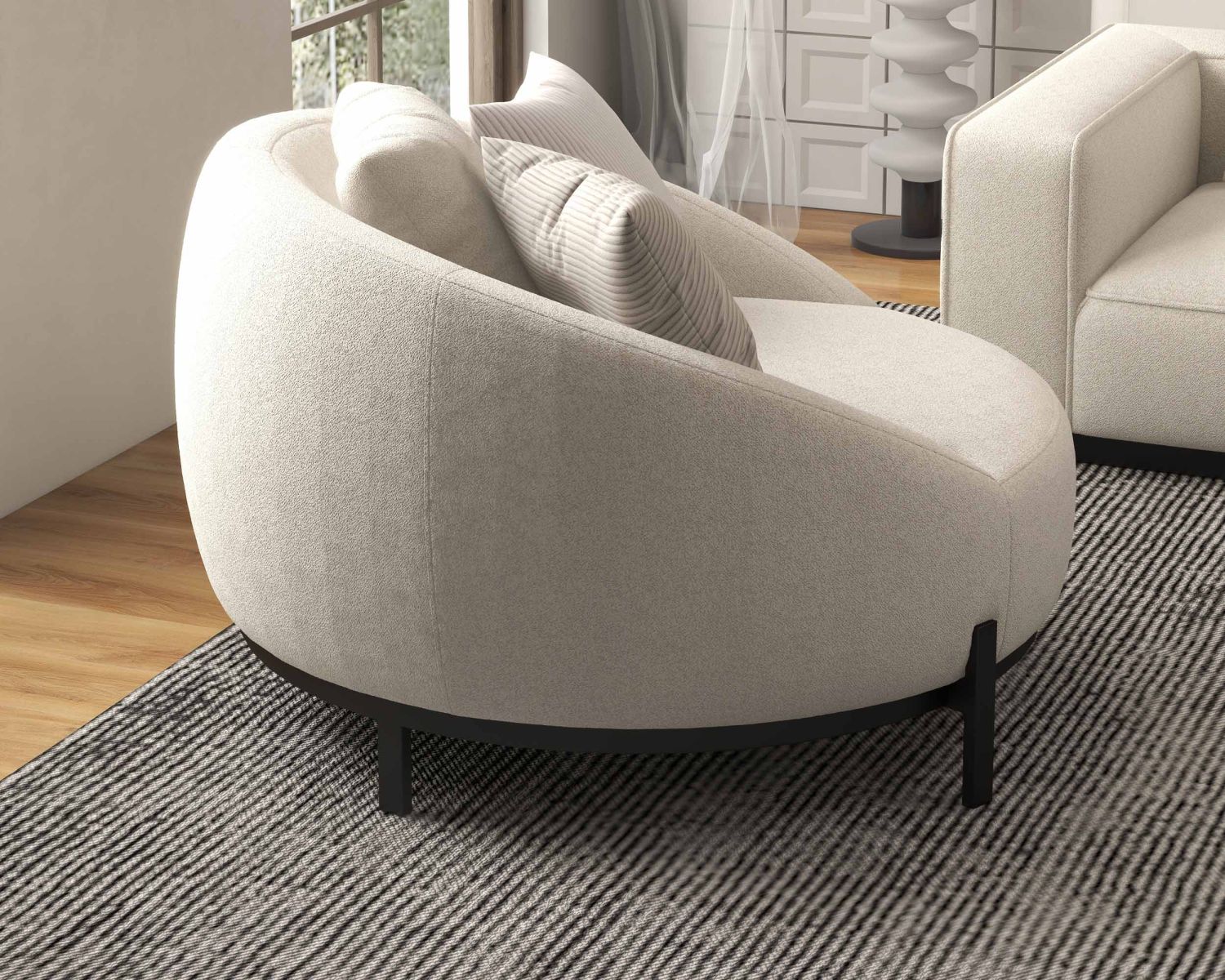 Chauffeuse ronde 120 cm en tissu blanc chiné et coussins velours côtelé "Sweet Culture"