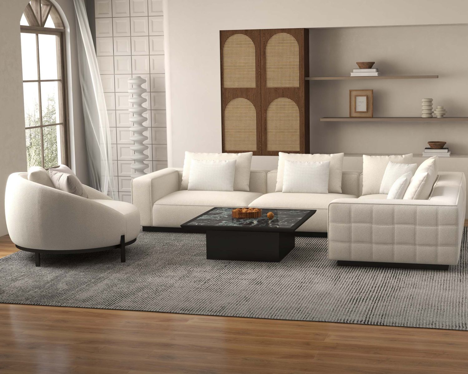 Grand canapé d'angle graphique et ultra cosy en tissu blanc "Sweet Culture"