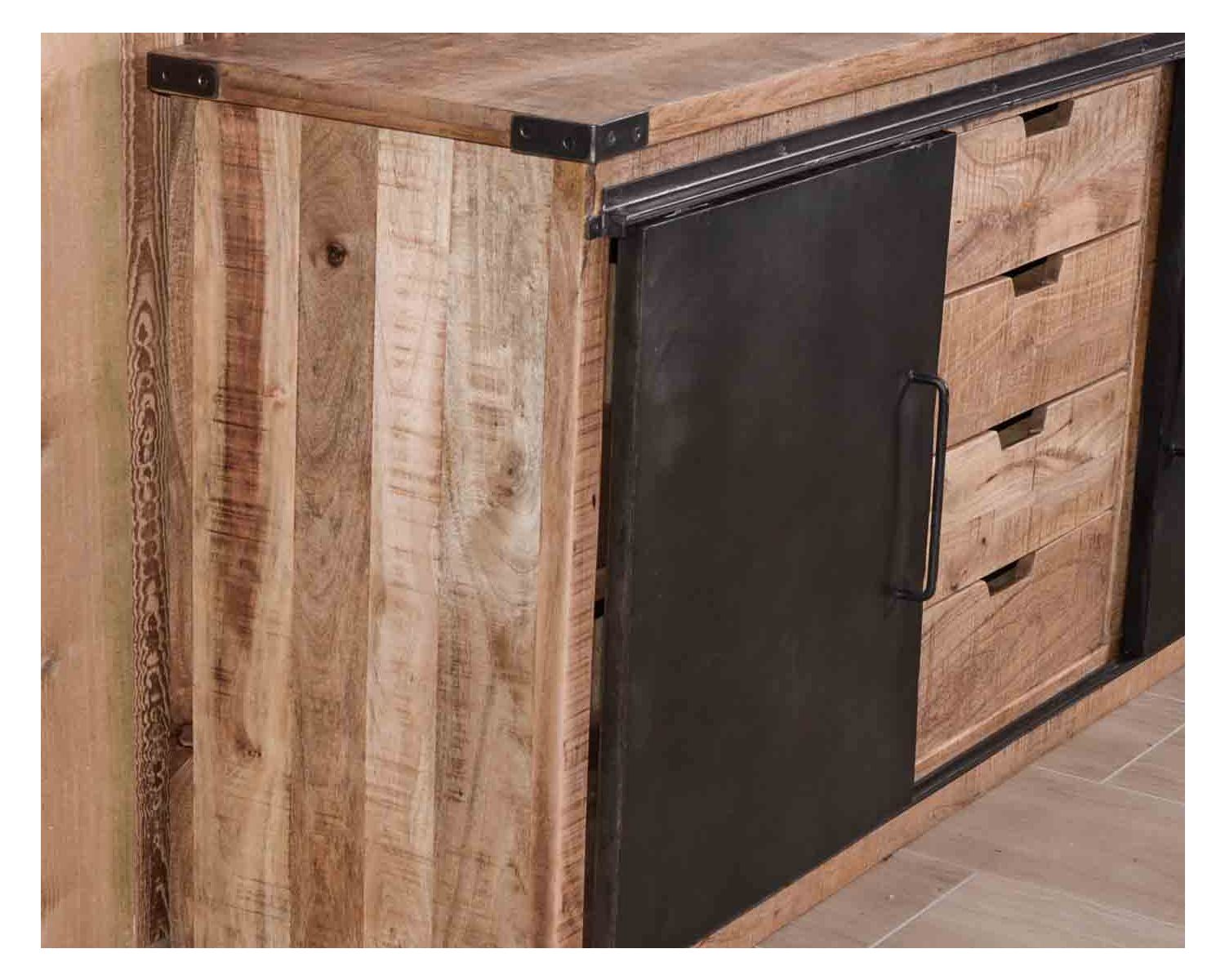 Bahut industriel portes coulissantes et tiroirs bois 180cm "Caractère"