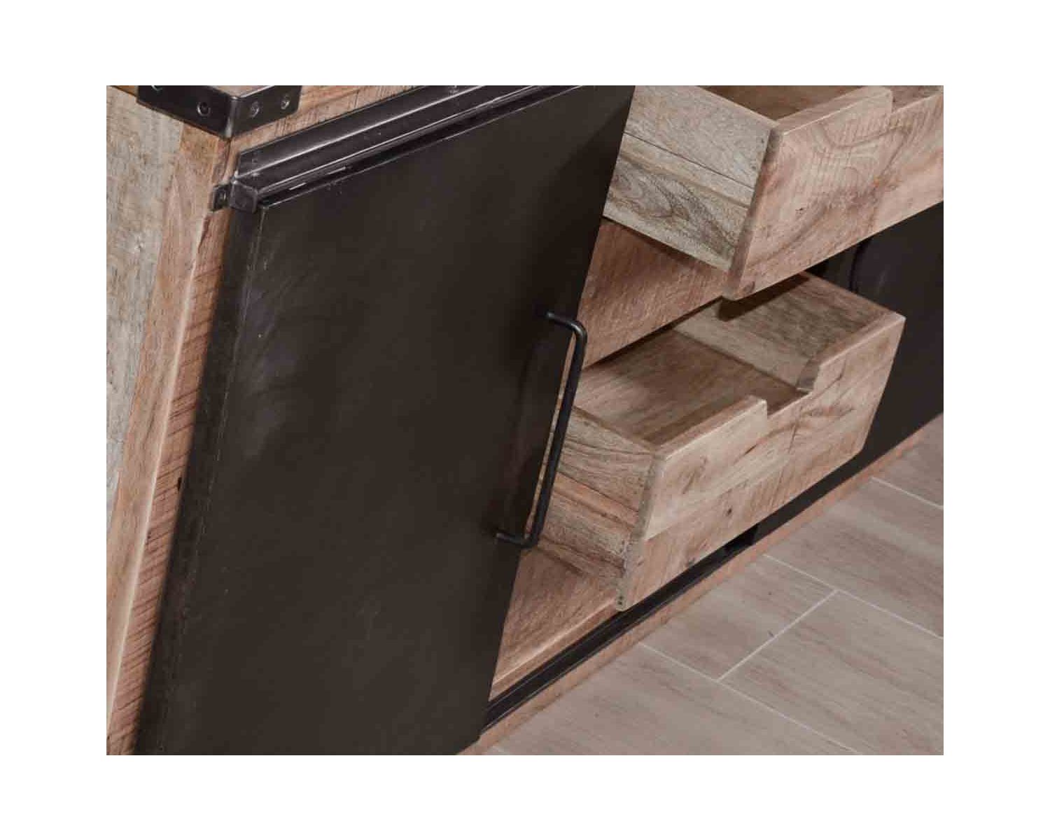 Bahut industriel portes coulissantes et tiroirs bois 180cm "Caractère"