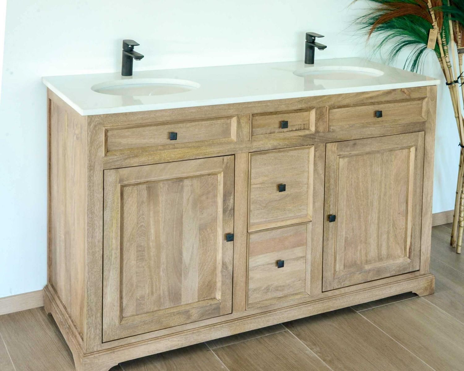Meuble de salle de bain 2 vasques manguier et quartz blanc "Elégance"