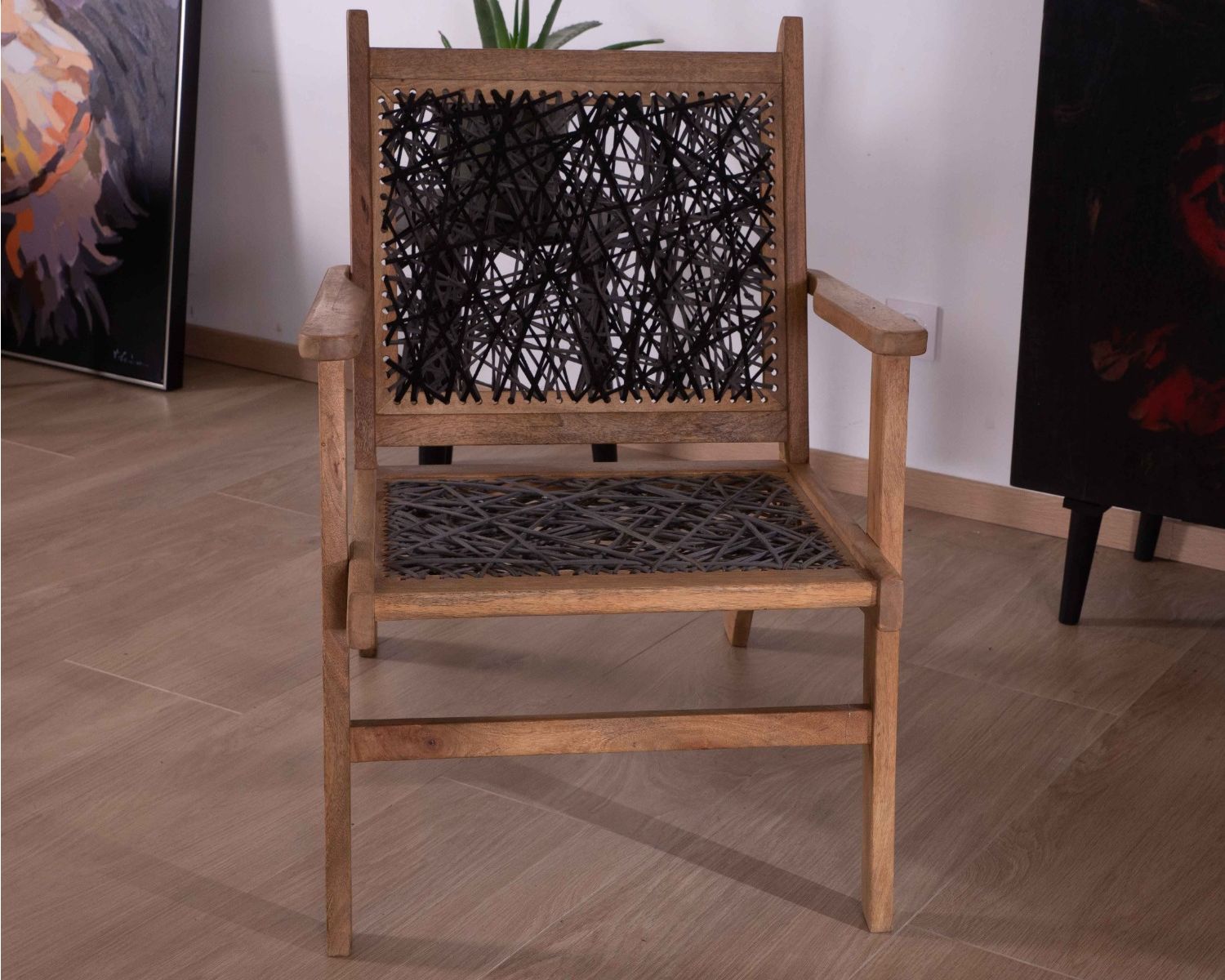 Fauteuil ethnique bas en bois de hêtre et cordages "Pop Vintage"