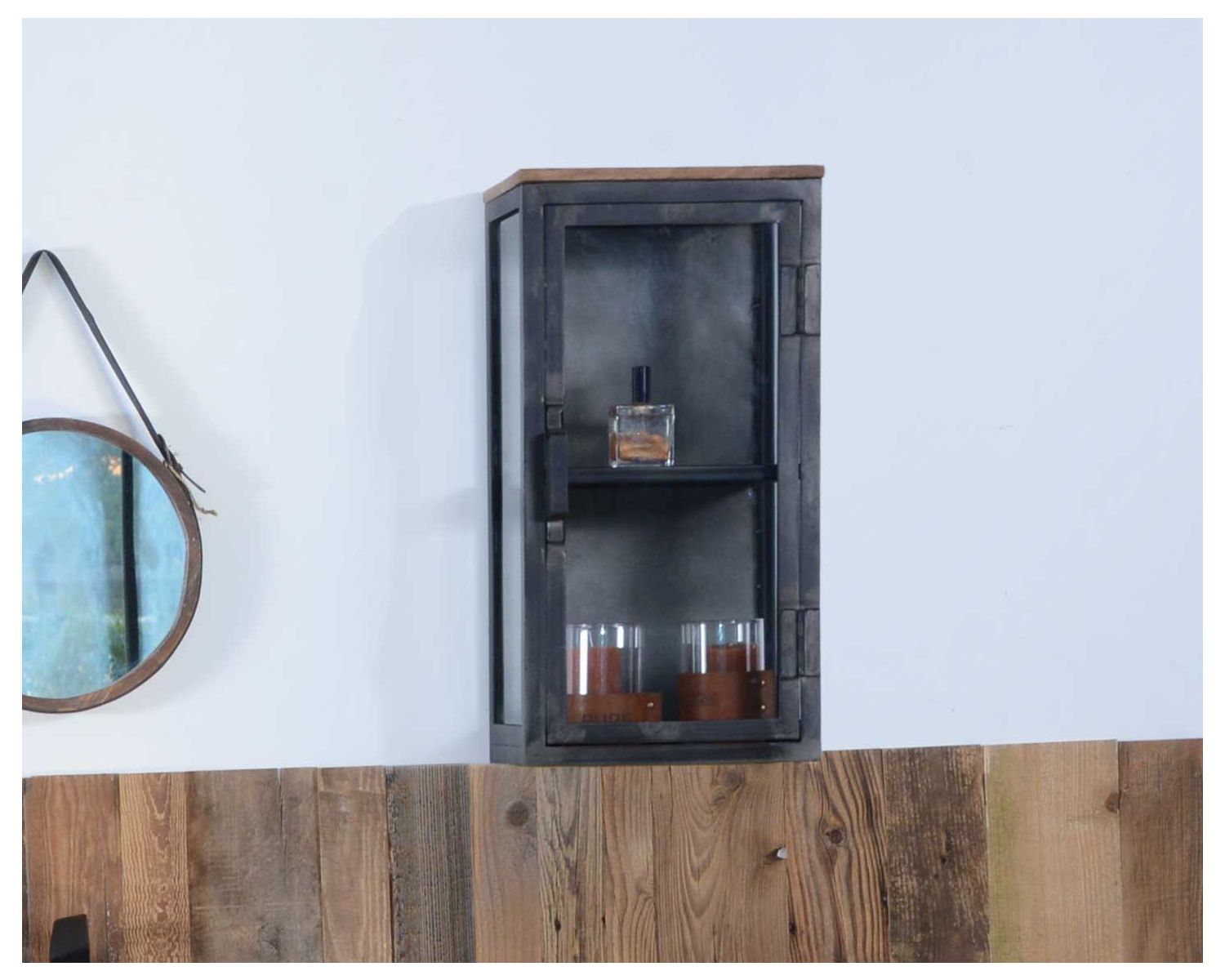 Petite vitrine murale style industriel métal, bois massif, verre "Black Cook"