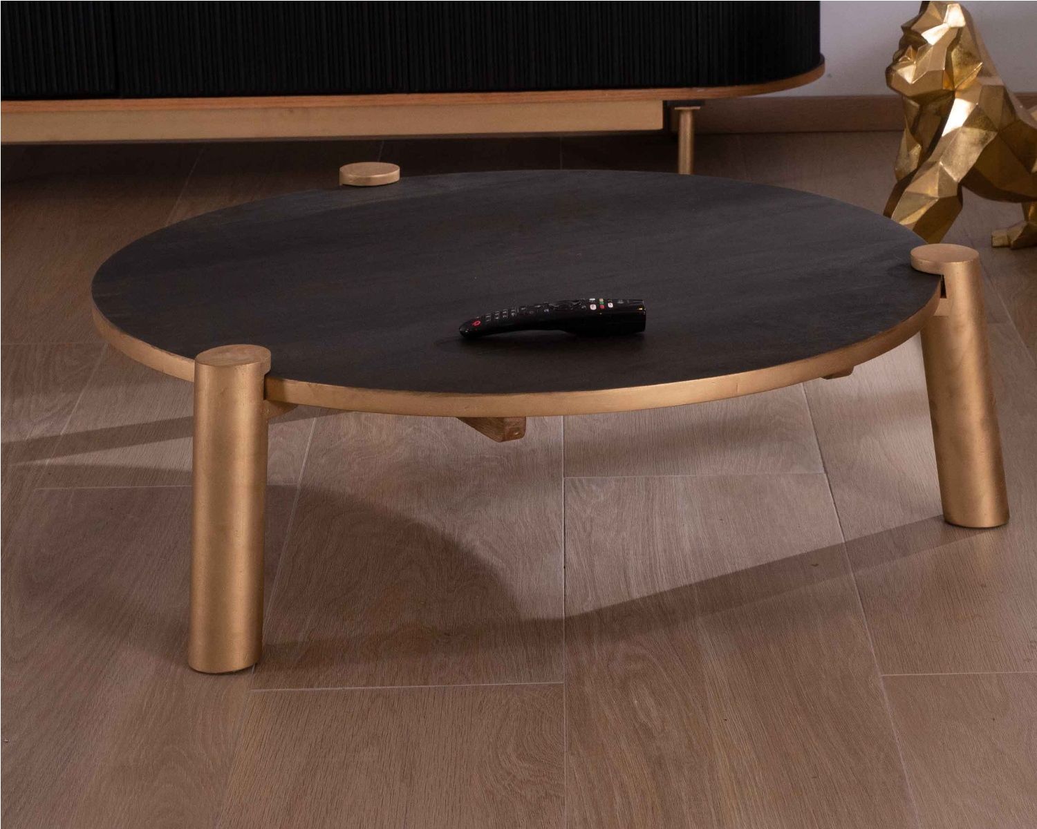 Table basse ronde en bois massif noir et doré "Pop Vintage" diam. 90cm