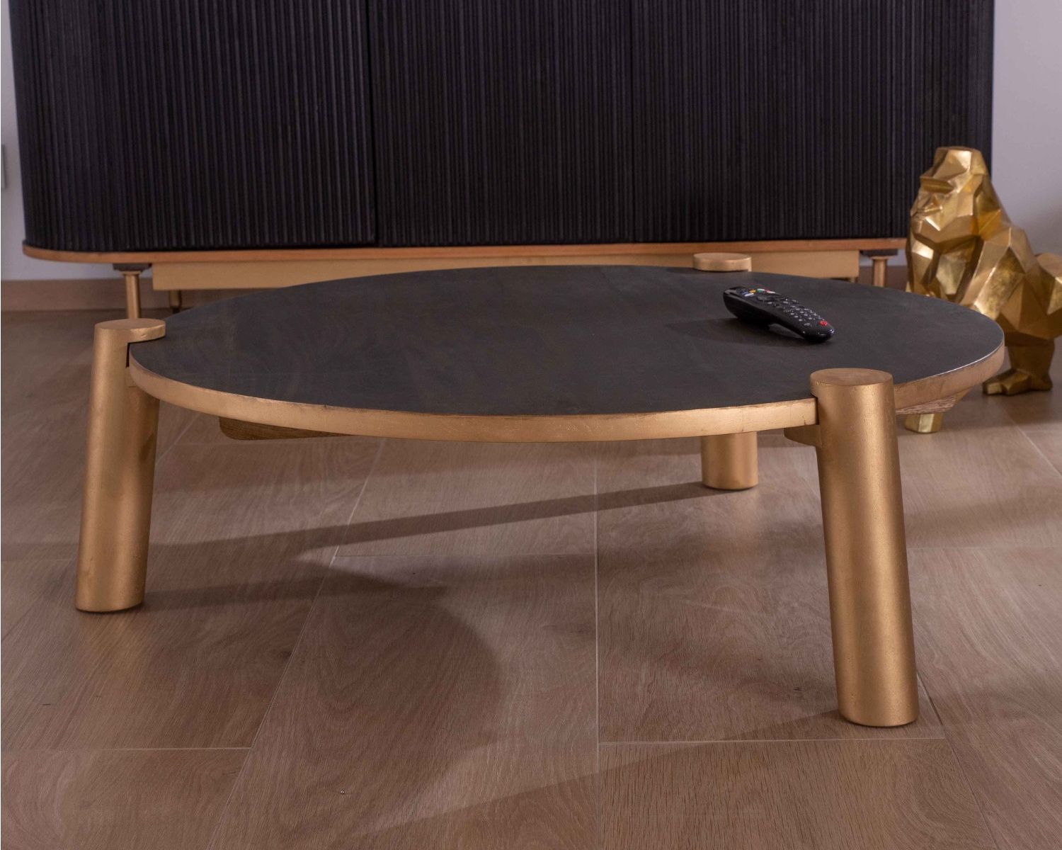 Table basse ronde en bois massif noir et doré "Pop Vintage" diam. 90cm