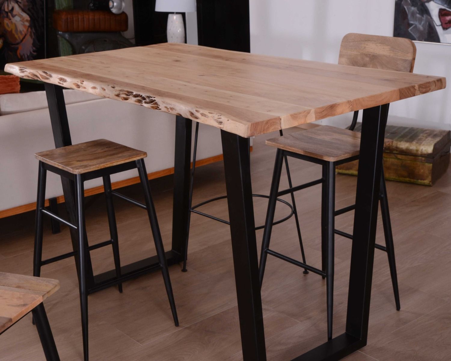 Table de bar 150x90 métal et acacia massif naturel "Jaffna"