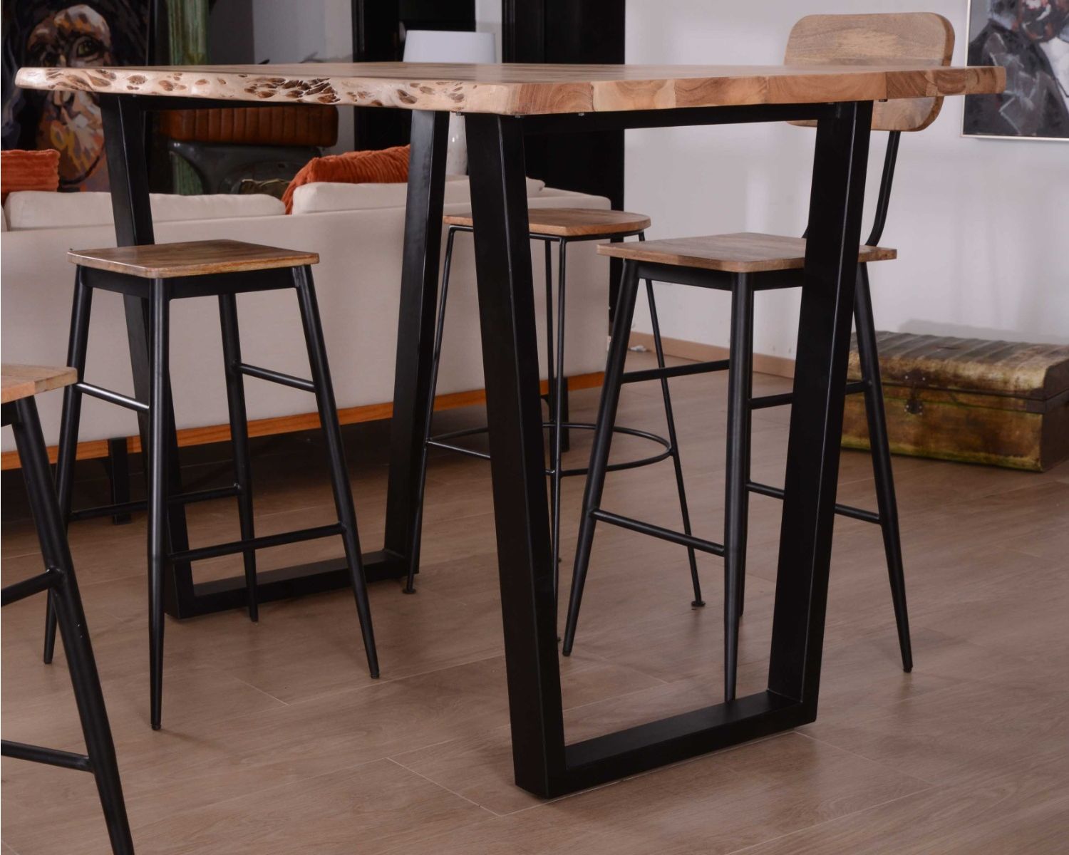 Table de bar 150x90 métal et acacia massif naturel "Jaffna"